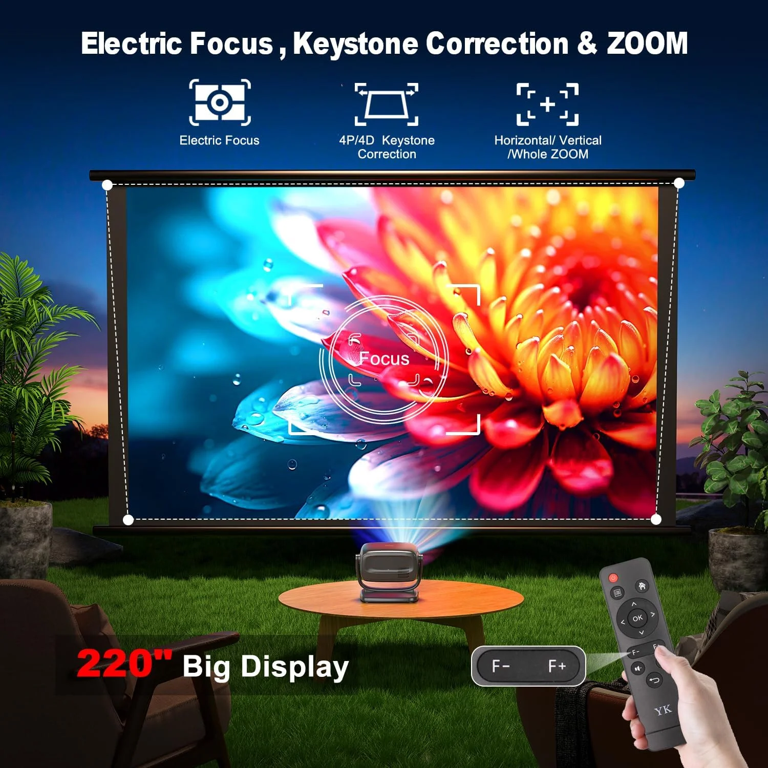 پروژکتور 4K، فوکوس الکتریکی/تصحیح ذوزنقه ای، 26000 لومن، پروژکتور قابل حمل فضای باز با WiFi 6 و BT5.2، چرخش 180 درجه، پروژکتور ویدیویی سینمای خانگی برای تلفن های هوشمند iOS/Android/Fire پروژکتور 4K، فوکوس الکتریکی/تصحیح ذوزنقه ای، 26000 لومن، پروژکتور قابل حمل فضای باز با WiFi 6 و BT5.2، چرخش 180 درجه، پروژکتور ویدیویی سینمای خانگی برای تلفن های هوشمند iOS/Android/Fire