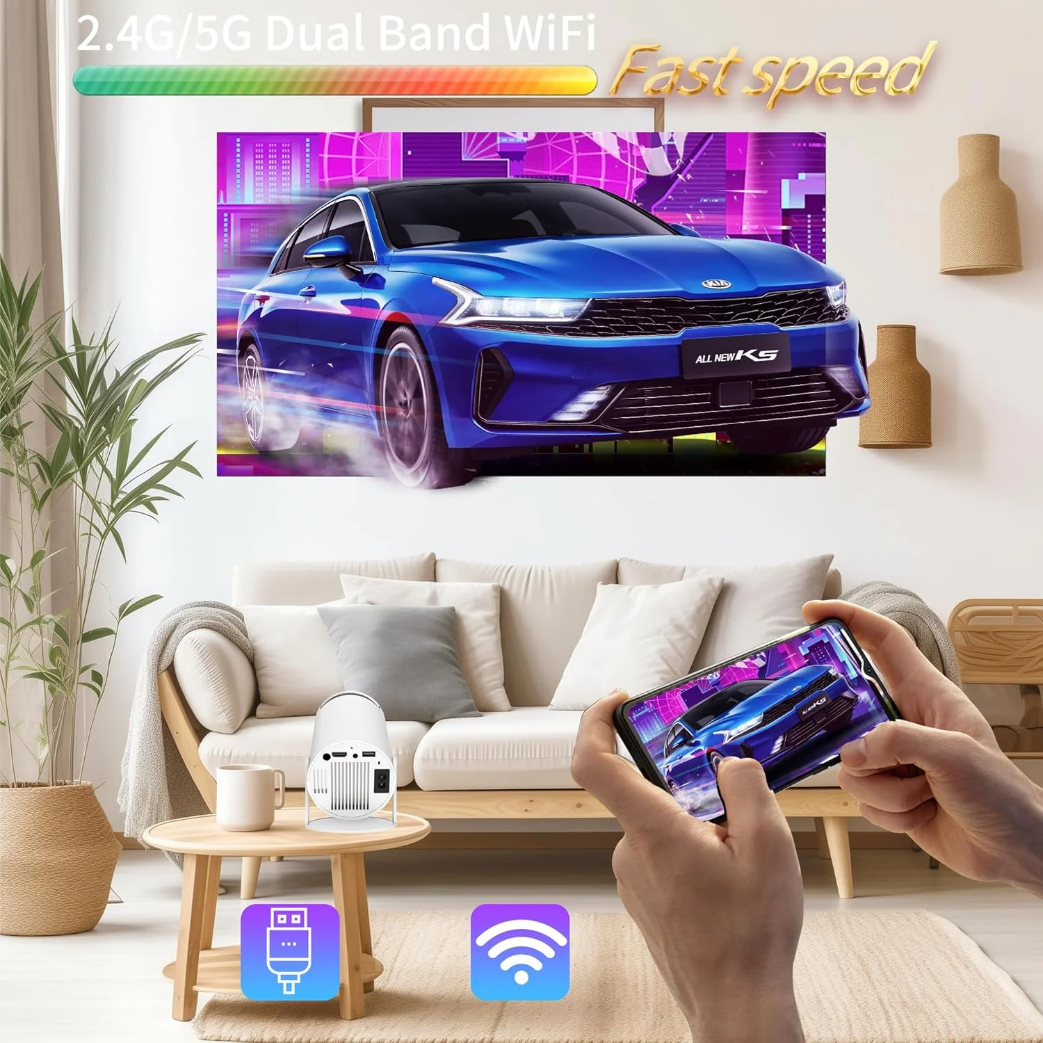 مینی پروژکتور، پروژکتور فیلم قابل حمل در فضای باز با پشتیبانی از 1080P، وای فای 6 دو بانده + بلوتوث 5.0، ورودی های HDMI/USB/3.5mm، بلندگوی داخلی، پروژکتور تصحیح خودکار برای تلفن های همراه/فلش مموری/لپ تاپ مینی پروژکتور، پروژکتور فیلم قابل حمل در فضای باز با پشتیبانی از 1080P، وای فای 6 دو بانده + بلوتوث 5.0، ورودی های HDMI/USB/3.5mm، بلندگوی داخلی، پروژکتور تصحیح خودکار برای تلفن های همراه/فلش مموری/لپ تاپ