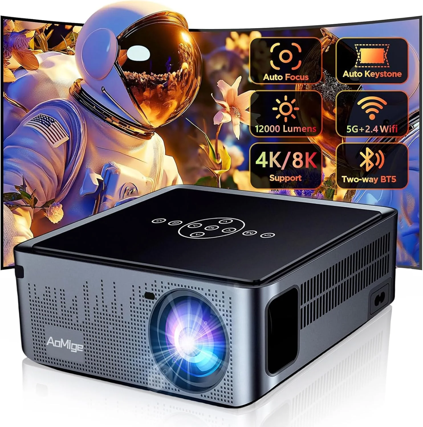 پشتیبانی از ویدئوهای 8K/4K، فوکوس خودکار و اصلاح زاویه، ویدئو پروژکتور فول اچ دی 1080P مناسب فضای باز/خانه، پروژکتور فیلم قابل حمل با دالبی، اتصال بلوتوث دو طرفه، ریموت صوتی هوشمند