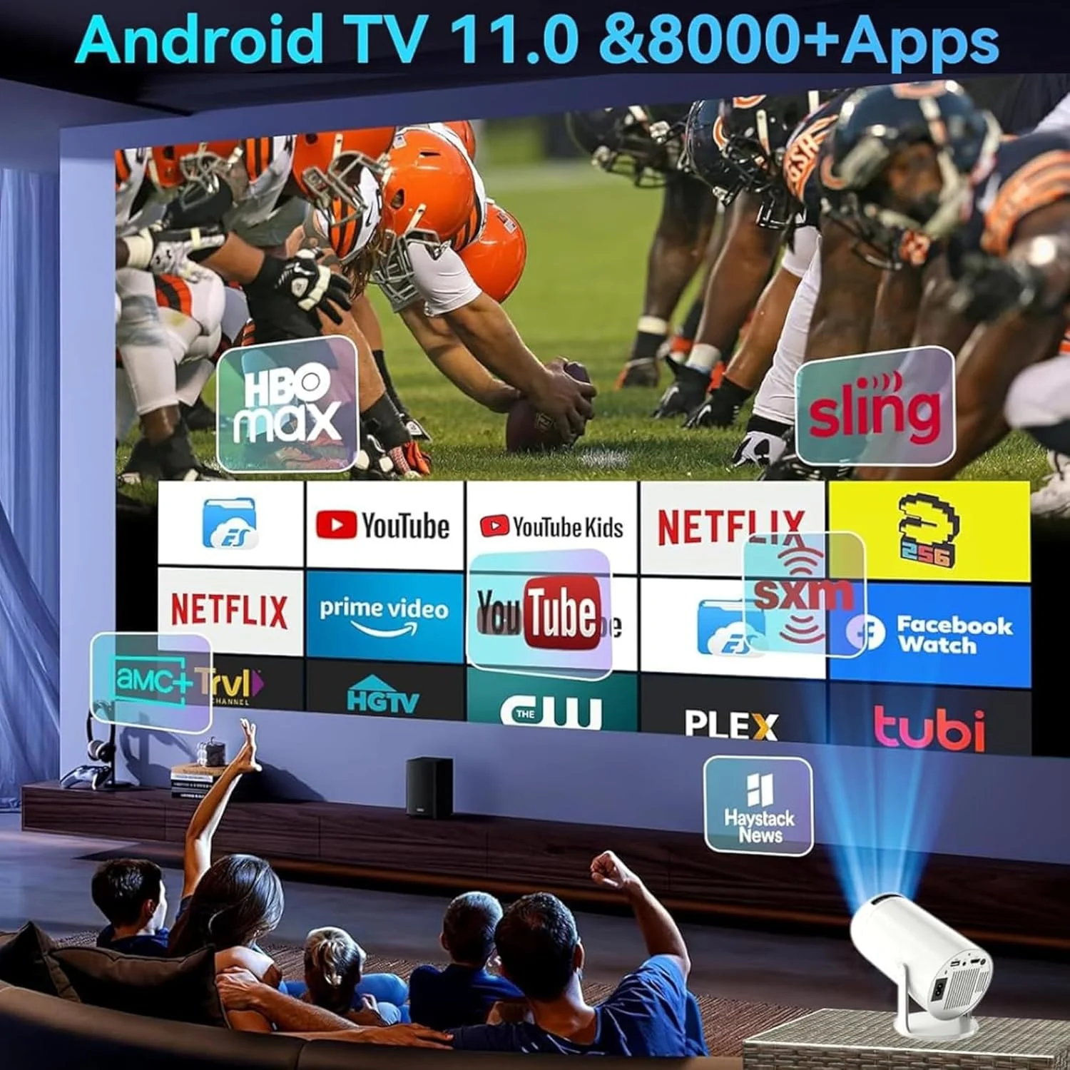 مینی پروژکتور، پشتیبانی از 4K 1080P HD پروژکتور قابل حمل با بلوتوث و WIFI اندروید TV 11، صفحه نمایش 130 اینچی پروژکتور ویدیویی هوشمند با بلندگوها، Pc/Phone/HDMI/USB/PS5 برای سینمای خانگی و فیلم در فضای باز