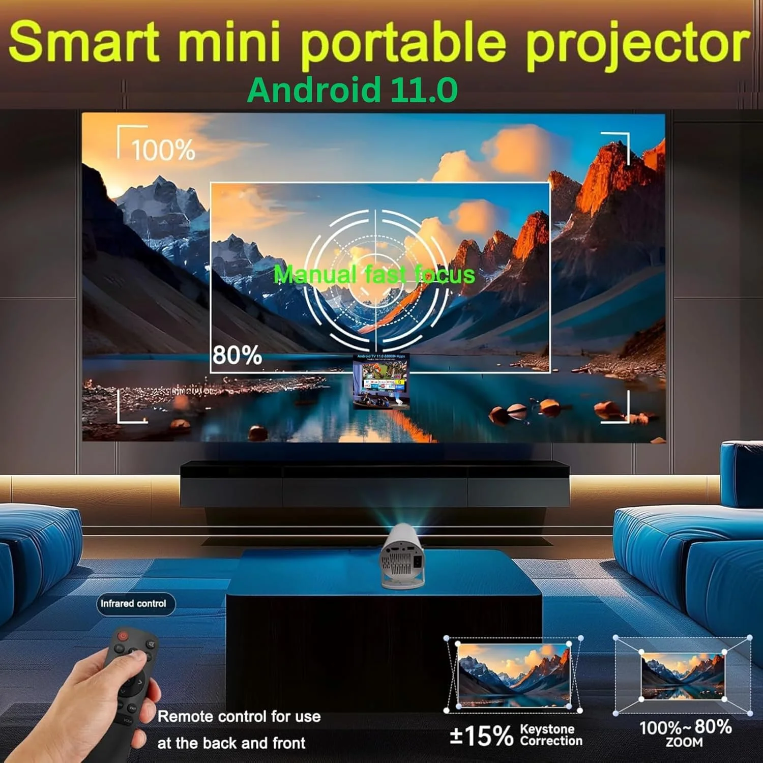 مینی پروژکتور، پشتیبانی از 4K 1080P HD پروژکتور قابل حمل با بلوتوث و WIFI اندروید TV 11، صفحه نمایش 130 اینچی پروژکتور ویدیویی هوشمند با بلندگوها، Pc/Phone/HDMI/USB/PS5 برای سینمای خانگی و فیلم در فضای باز