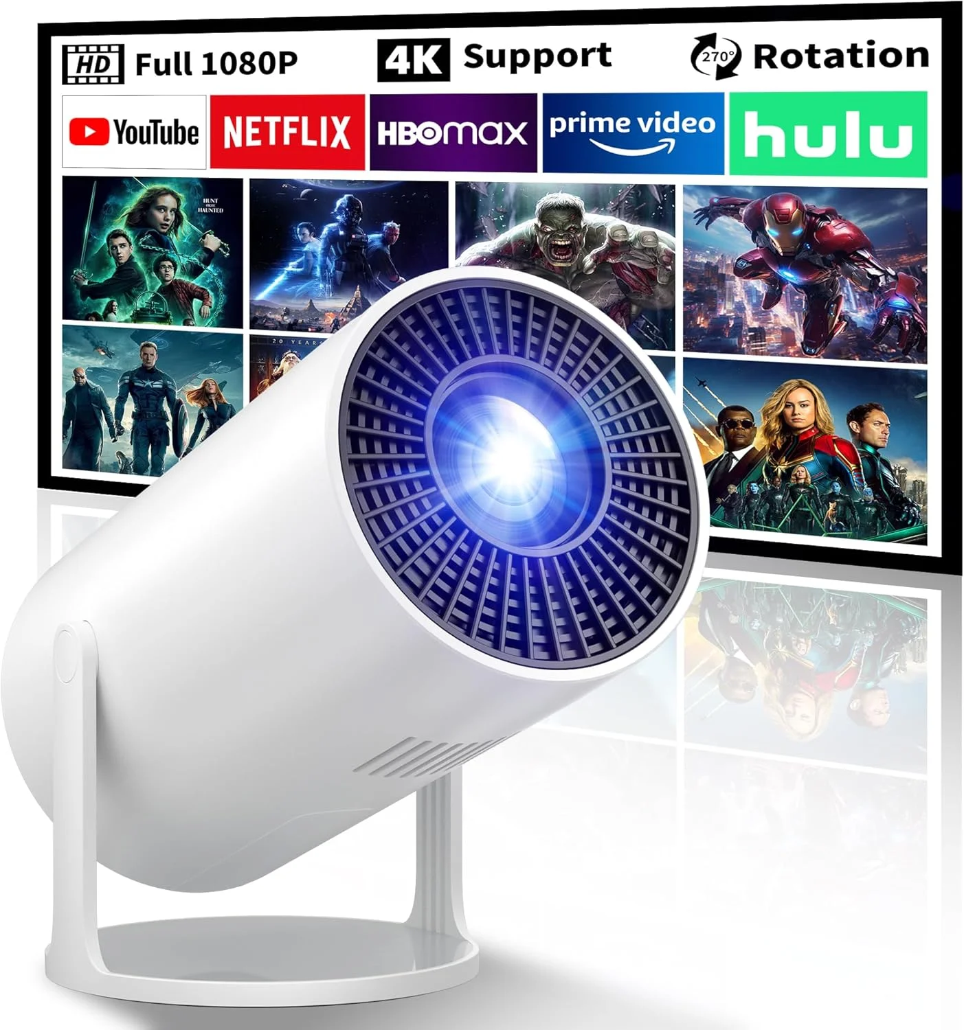 پروژکتور مینی قابل حمل با پشتیبانی از کیفیت 4K، پروژکتور کوچک فول اچ دی 1080P با پایه چرخان 270 درجه، پروژکتور فیلم سازگار با تی وی استیک/گوشی هوشمند/HDMI/USB برای اتاق خواب/کمپینگ در فضای باز