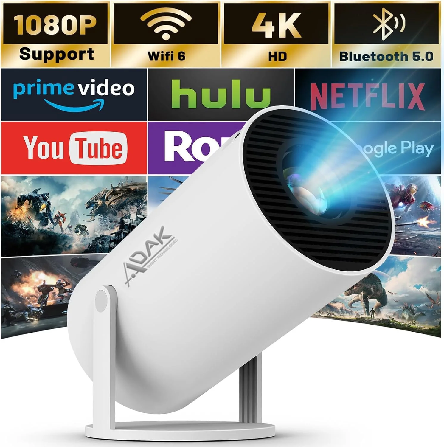 پروژکتور مینی ADAK اندروید 11 با سیستم خنک کننده، پشتیبانی از 4K 1080P، WIFI 6، پروژکتور فیلم با صفحه نمایش 130 اینچی قابل چرخش 180 درجه، تصحیح خودکار کیستون، سازگار با لپ تاپ، کامپیوتر، تلفن هوشمند (نسخه جدید)