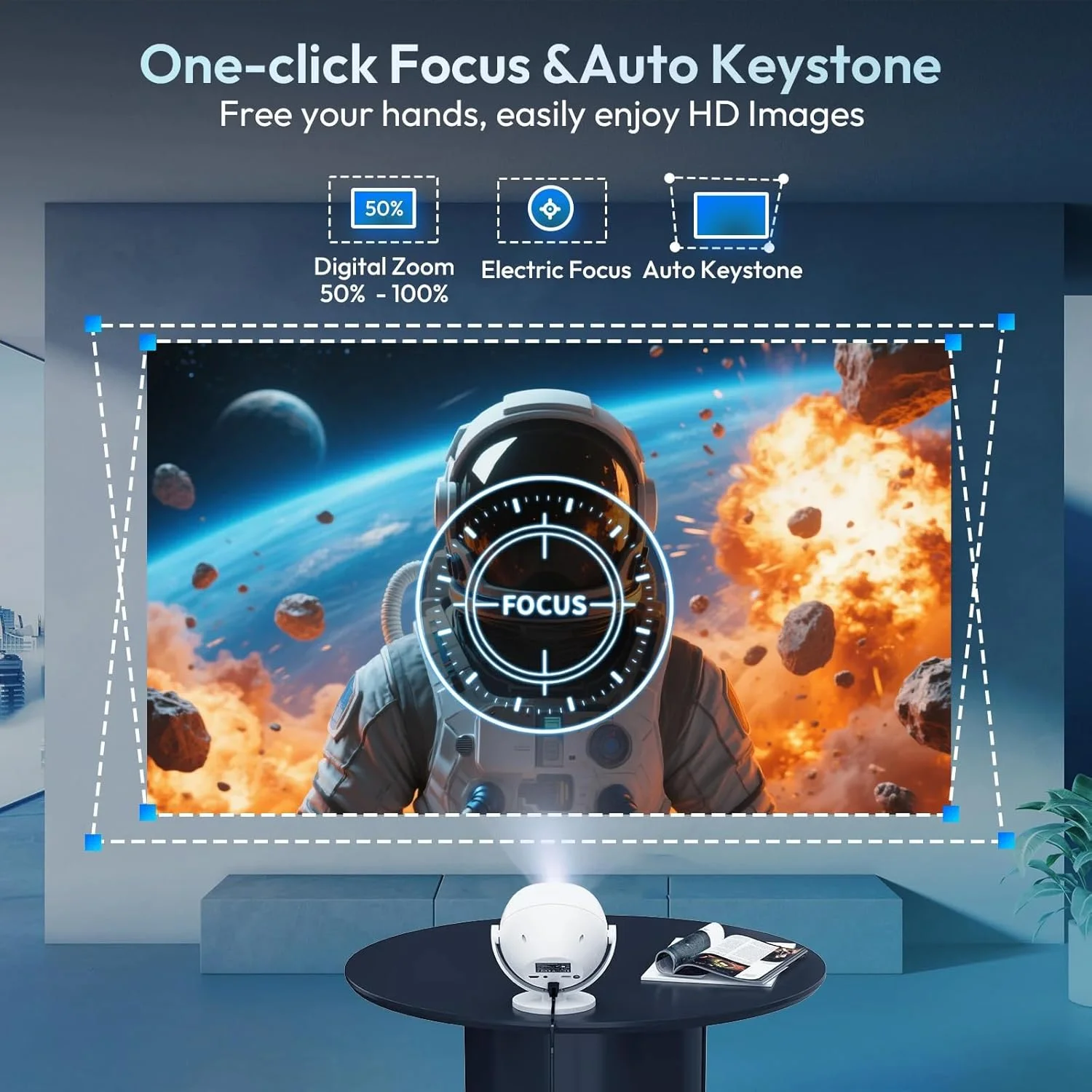 پروژکتور هوشمند [برنامه داخلی و فوکوس خودکار]، پروژکتور کوچک قابل حمل با پشتیبانی از 4K با قابلیت چرخش 360 درجه، 12000 لومن، WiFi و بلوتوث، نمایشگر LCD، رزولوشن 1920x1080 مناسب برای سقف