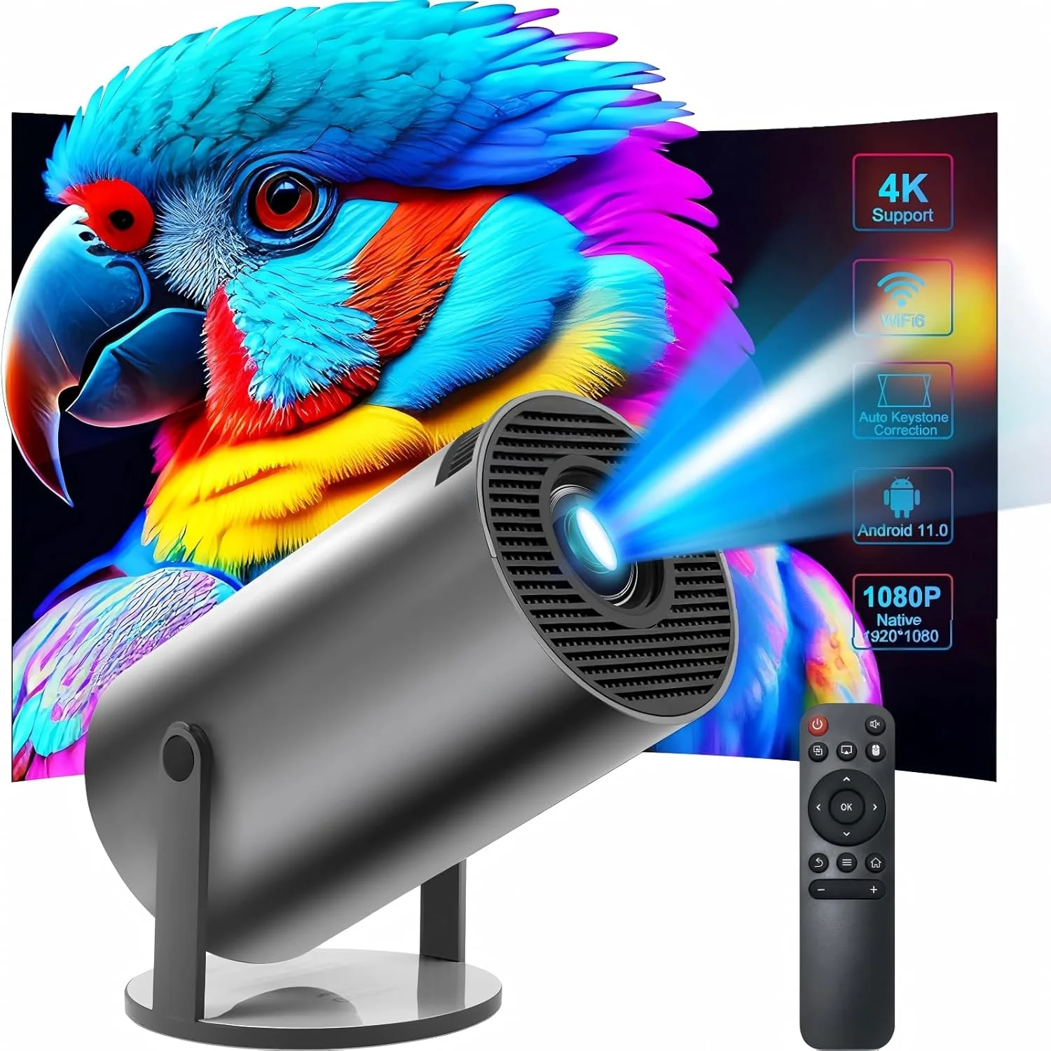 مینی پروژکتور با پشتیبانی از کیفیت 1080P و 4K، دارای WiFi 6 و بلوتوث 5.2 دو طرفه، پروژکتور هوشمند قابل حمل HY300 Pro+ با فوکوس دستی، چرخش 180 درجه، مناسب برای فیلم، خانه، اتاق خواب، پروژکتور فضای باز برای تلفن، لپ تاپ، کامپیوتر، مشکی
