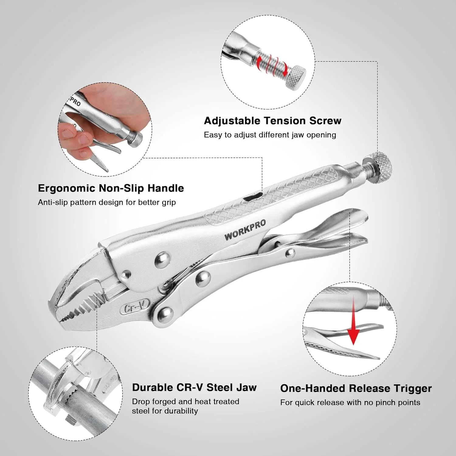 انبر قفلی ورکپرو، انبر قفلی فک منحنی 7 اینچی، انبر قفلی فولاد کروم-وانادیوم با سیم چین، انبر قفلی قابل تنظیم برای بستن، چرخاندن و جوشکاری
