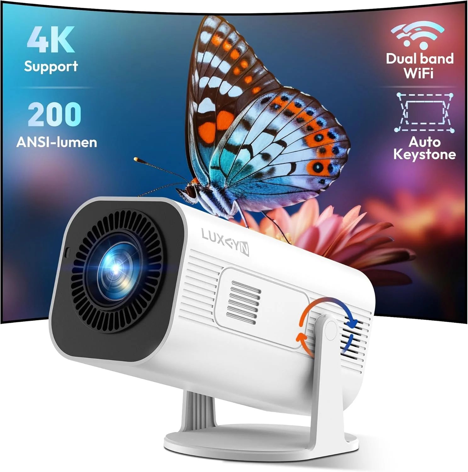 پروژکتور هوشمند مینی LUXVYN V1، پروژکتور قابل حمل با WiFi و بلوتوث، 200 ANSI، پشتیبانی از 4K، رزولوشن HD، تصحیح خودکار کیستون، پروژکتور ویدئویی، پایه چرخان 180 درجه برای فیلم خانگی، سفید خالص