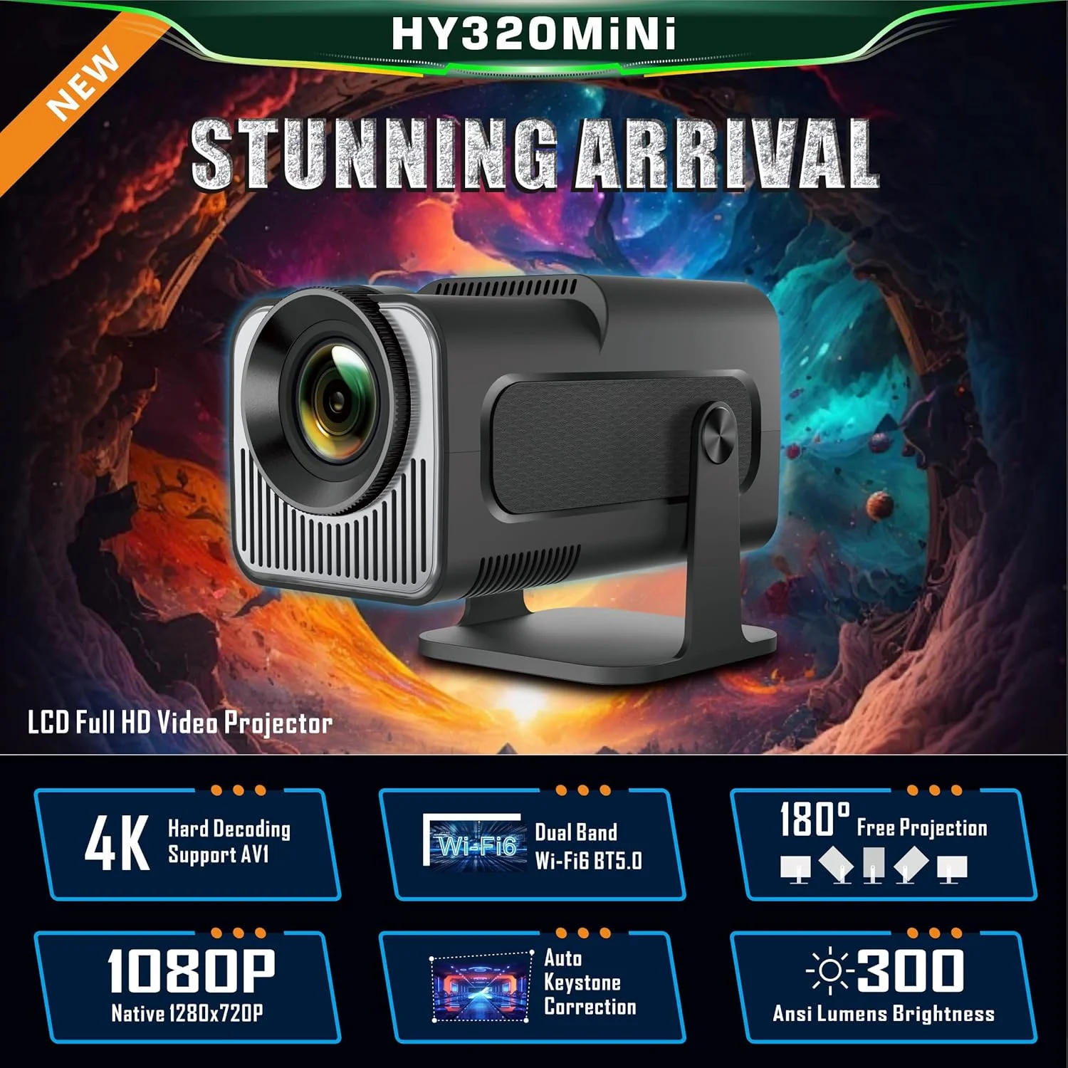 پروژکتور قابل حمل، مینی پروژکتور HY320 با WiFi و بلوتوث، پشتیبانی از 4K 1080P با WIFI6 دو بانده BT5.0 Android 11، پروژکتور تلویزیون هوشمند تصحیح خودکار کیستون برای تلفن/فلش مموری/لپ تاپ پروژکتور قابل حمل، مینی پروژکتور HY320 با WiFi و بلوتوث، پشتیبانی از 4K 1080P با WIFI6 دو بانده BT5.0 Android 11، پروژکتور تلویزیون هوشمند تصحیح خودکار کیستون برای تلفن/فلش مموری/لپ تاپ