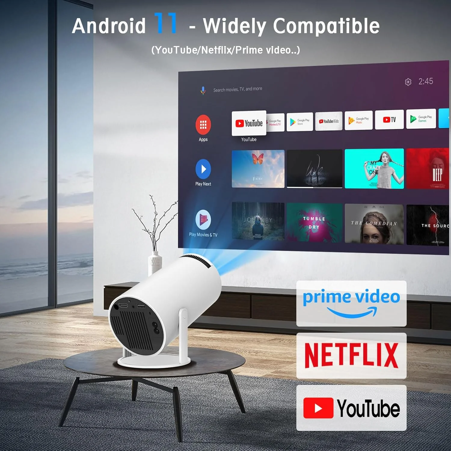پروژکتور مینی قابل حمل HY300 PRO، پشتیبانی از 4K 1080P با WIFI6 دو بانده 5G بی سیم 5.0 بلوتوث اندروید 11، 160 ANSI، چرخش 180 درجه، تصحیح خودکار کیستون، پروژکتور ویدئویی صفحه نمایش 35 تا 130 اینچی
