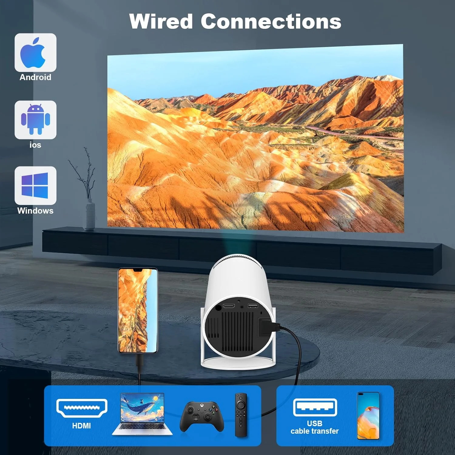 پروژکتور مینی قابل حمل HY300 PRO، پشتیبانی از 4K 1080P با WIFI6 دو بانده 5G بی سیم 5.0 بلوتوث اندروید 11، 160 ANSI، چرخش 180 درجه، تصحیح خودکار کیستون، پروژکتور ویدئویی صفحه نمایش 35 تا 130 اینچی