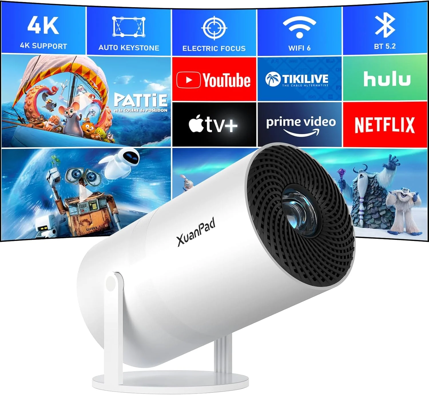 مینی پروژکتور [فوکوس الکتریکی و سیستم عامل اندروید] با WiFi و بلوتوث، پروژکتور قابل حمل XuanPad با پشتیبانی از 4K 1080P، پایه چرخان 180 درجه، دارای بیش از 8000 برنامه داخلی، طراحی حذف گرد و غبار و دفع حرارت