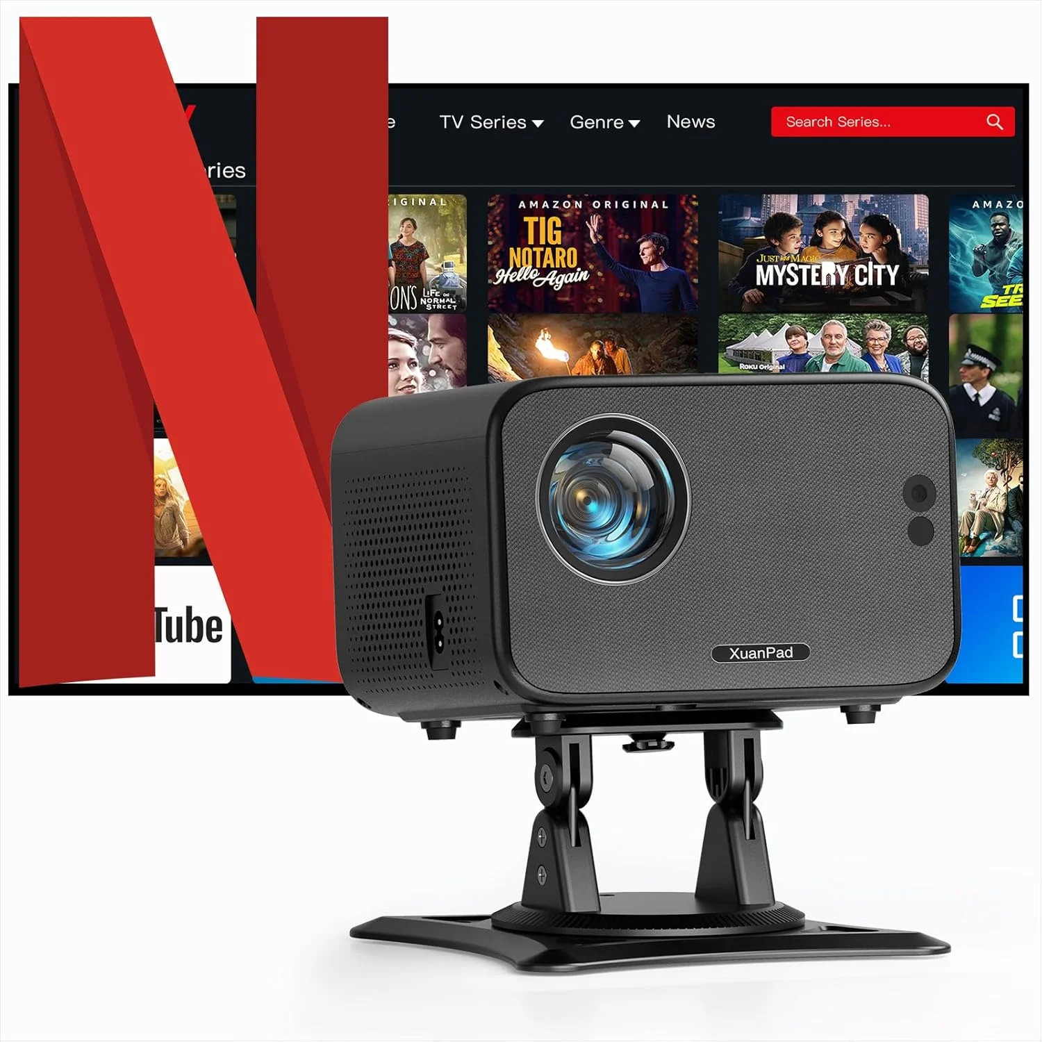 پروژکتور هوشمند مینی [فوکوس خودکار و سیستم اندروید] با WiFi و بلوتوث، پروژکتور XuanPad با پشتیبانی از 4K، 700 ANSI، کیستون خودکار، صدای استریو سه بعدی پروژکتور فضای باز/خانگی با پایه قابل تنظیم 360 درجه