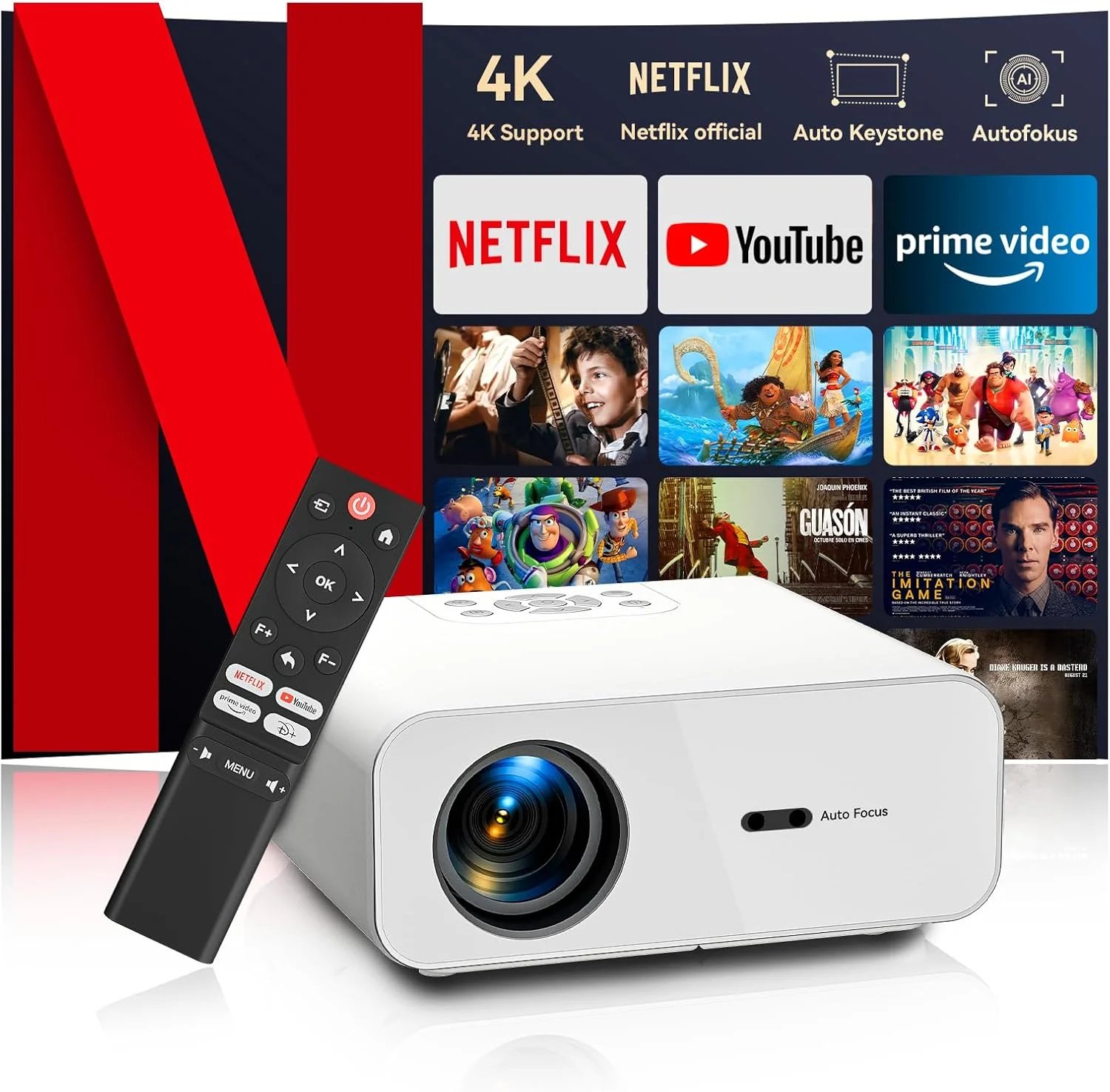 پروژکتور 4K 【دارای گواهینامه نتفلیکس/فوکوس خودکار】 تصحیح خودکار کیستون، وای فای، بلوتوث، 25000 لومن فول اچ دی 1080P، پروژکتور هوشمند با استفاده یک کلیک از نتفلیکس/یوتیوب