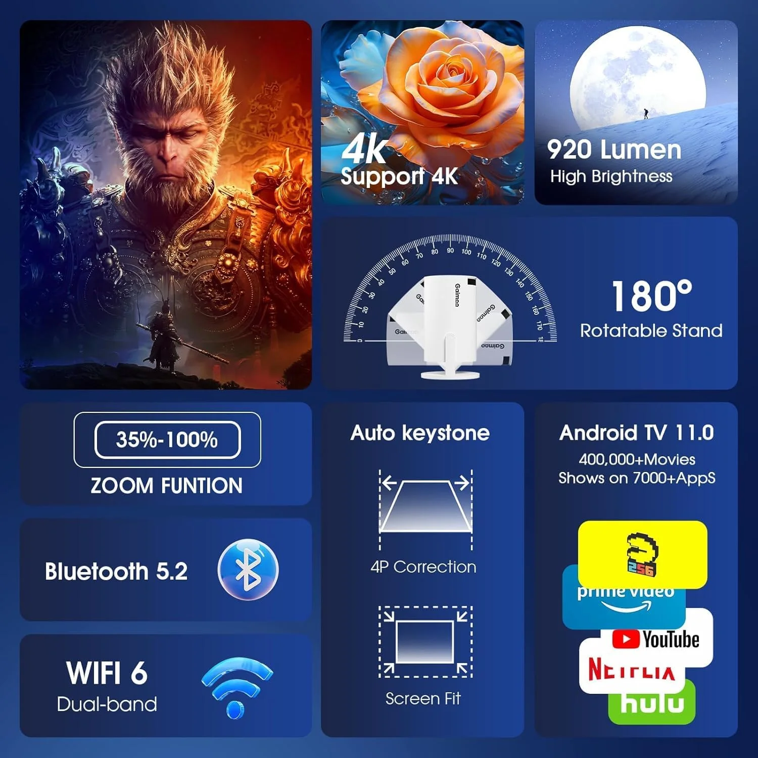 مینی پروژکتور با برنامه داخلی، وای فای و بلوتوث، ارتقا یافته 2025، پشتیبانی از 1080P FHD 4K، پروژکتور با ماوس، پروژکتور قابل حمل با تصحیح خودکار کیستون، سازگار با تی وی استیک/مموری استیک/USB/لپ تاپ - بژ