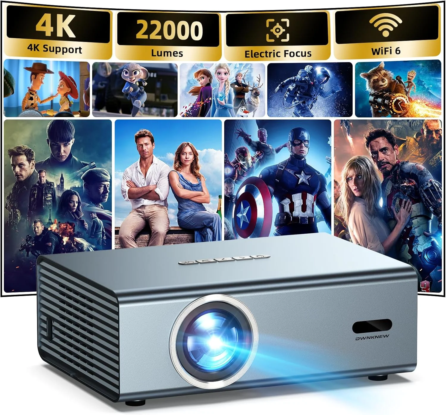 پروژکتور با فوکوس الکتریکی با پشتیبانی از کیفیت 4K، دارای WiFi6 و بلوتوث 5.3، پروژکتورهای مناسب فضای باز برای استفاده ویدیویی در بیرون، پروژکتور فیلم بازی OWNKNEW، تصحیح خودکار کیستون