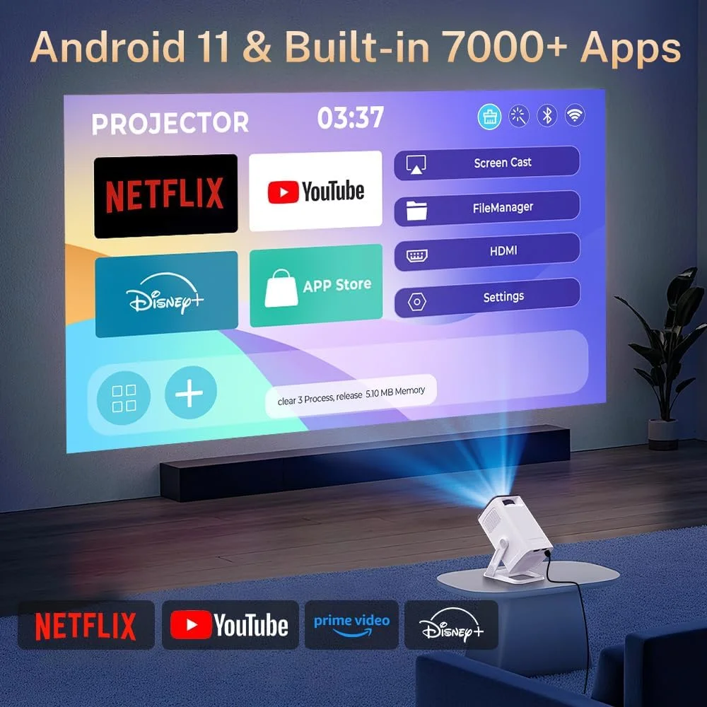 پروژکتور ویدئویی قابل حمل مینی پروژکتور برای اندروید، WiFi و بلوتوث، برنامههای داخلی، 720P Full HD، Auto Keystone، پروژکتور هوشمند سینمای خانگی چرخشی 180 درجه برای تلفن/HDMI/USB/TV Stick VisualCube 300 پروژکتور ویدئویی قابل حمل مینی پروژکتور برای اندروید، WiFi و بلوتوث، برنامههای داخلی، 720P Full HD، Auto Keystone، پروژکتور هوشمند سینمای خانگی چرخشی 180 درجه برای تلفن/HDMI/USB/TV Stick VisualCube 300