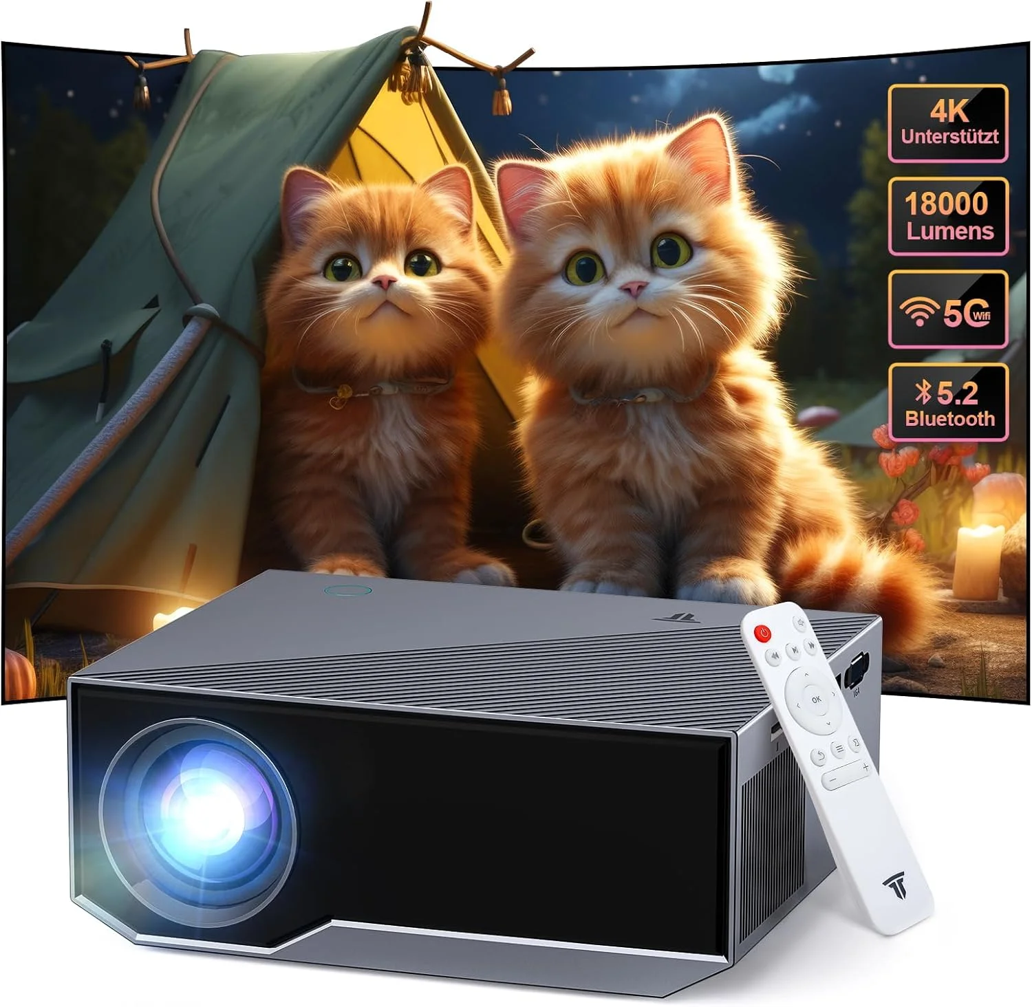 پروژکتور با بلوتوث و وای فای، پشتیبانی از کیفیت 1080P واقعی و 4K، روشنایی 18000 لومن، پروژکتور سینمای خانگی قابل حمل، اندازه تصویر 30-300 اینچ، سازگار با iOS/Android/لپ تاپ/HDMI/PC/TV Stick/USB