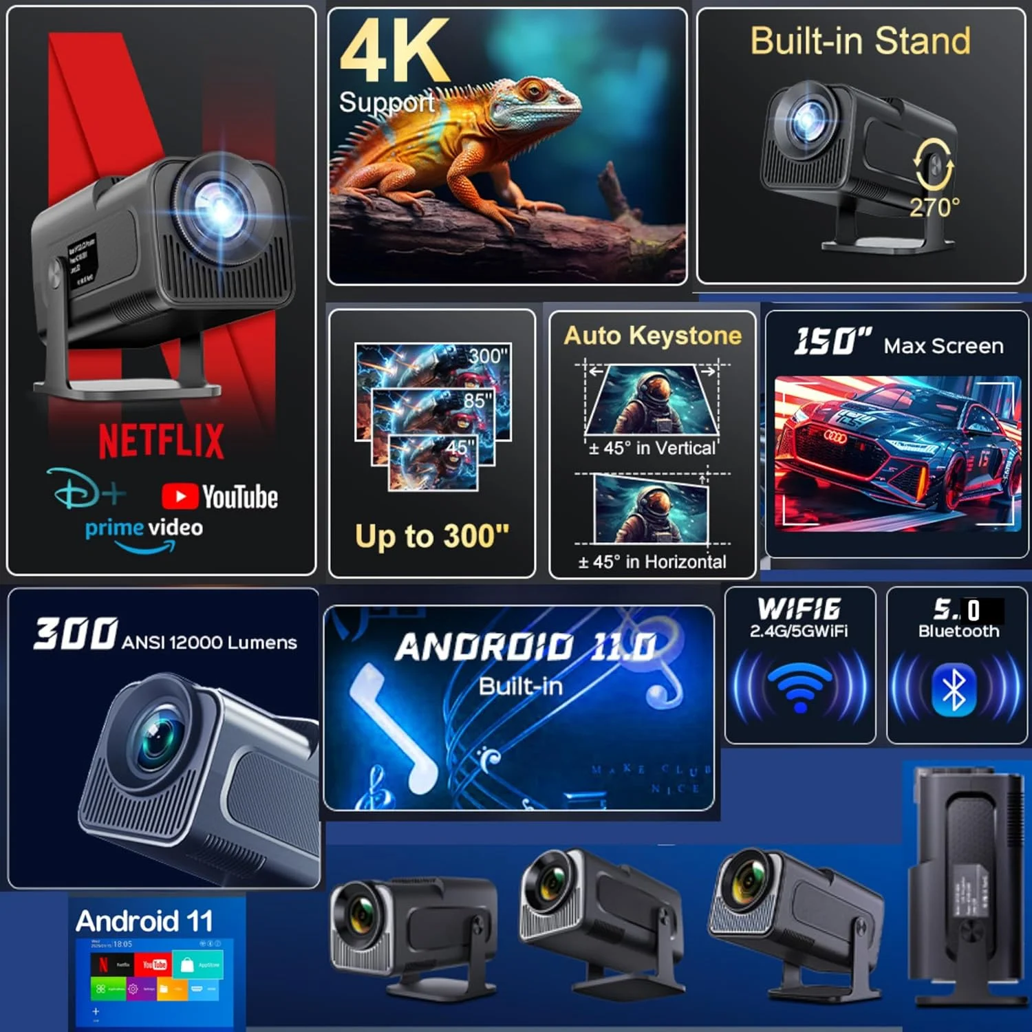 پروژکتور 4K مدل 2025، WIFI6 بلوتوث، پروژکتور هوشمند اندروید 11 با Netflix/YouTube/PrimeVideo/D+ داخلی، Auto Keystone، پروژکتور مینی هوشمند قابل حمل 1080P Native برای فیلم های فضای باز سینمای خانگی پروژکتور 4K مدل 2025، WIFI6 بلوتوث، پروژکتور هوشمند اندروید 11 با Netflix/YouTube/PrimeVideo/D+ داخلی، Auto Keystone، پروژکتور مینی هوشمند قابل حمل 1080P Native برای فیلم های فضای باز سینمای خانگی