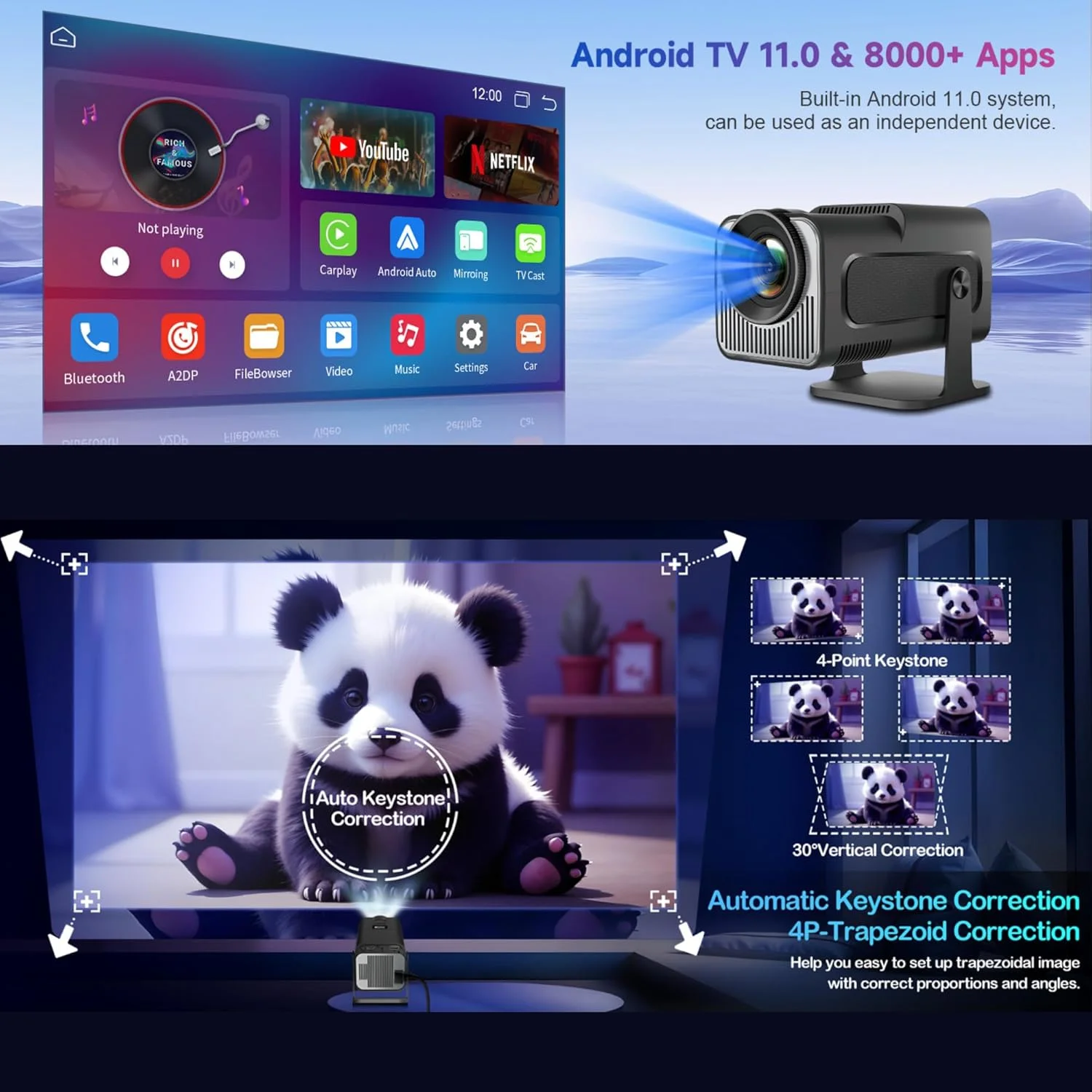 پروژکتور 4K مدل 2025، WIFI6 بلوتوث، پروژکتور هوشمند اندروید 11 با Netflix/YouTube/PrimeVideo/D+ داخلی، Auto Keystone، پروژکتور مینی هوشمند قابل حمل 1080P Native برای فیلم های فضای باز سینمای خانگی پروژکتور 4K مدل 2025، WIFI6 بلوتوث، پروژکتور هوشمند اندروید 11 با Netflix/YouTube/PrimeVideo/D+ داخلی، Auto Keystone، پروژکتور مینی هوشمند قابل حمل 1080P Native برای فیلم های فضای باز سینمای خانگی