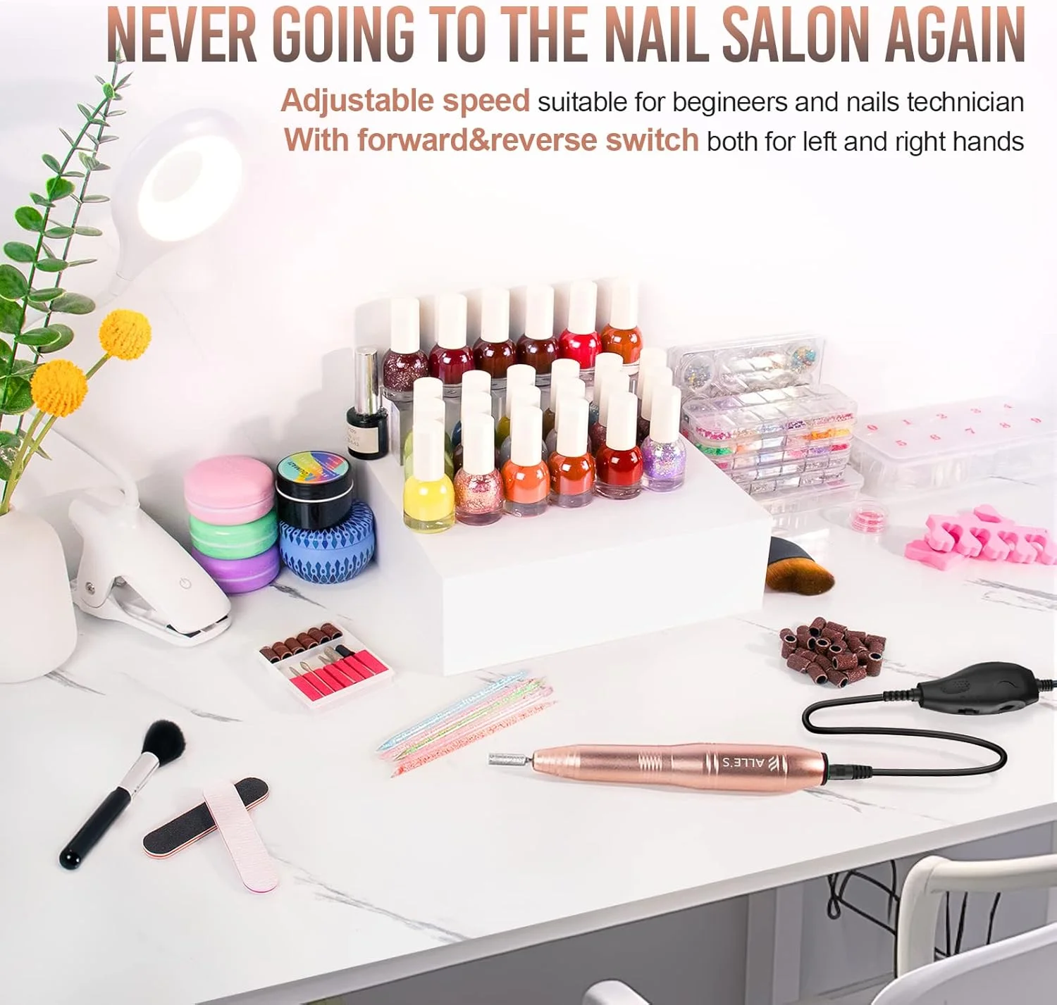 دستگاه سوهان برقی ناخن 20000 دور در دقیقه آله، جمع و جور و قابل حمل، مناسب برای مانیکور، پدیکور، سوهان ناخن حرفه ای برای استفاده در خانه و سالن، طلایی