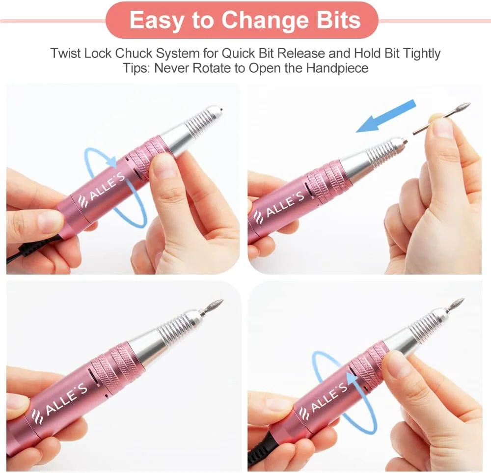 سوهان برقی ناخن Alle's، سوهان برقی حرفه ای ناخن 30000 دور در دقیقه، ابزار مانیکور و سنگ زنی بافر Efile برای ناخن های ژلی آکریلیک با مجموعه مته های ناخن و نوارهای سنباده (صورتی)