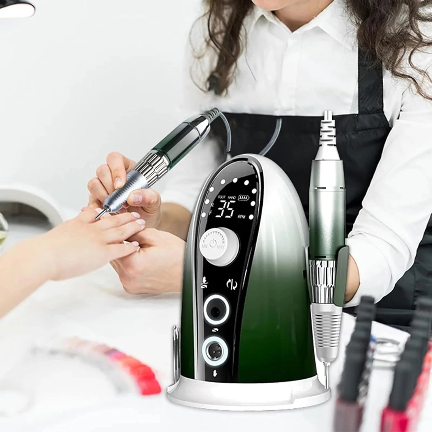 دستگاه سوهان برقی ناخن شارژی حرفه ای 45 وات 35000 دور در دقیقه، سوهان برقی ناخن با پدال پا - دستگاه مانیکور پدیکور برای ناخن های ژلی آکریلیک، بنفش