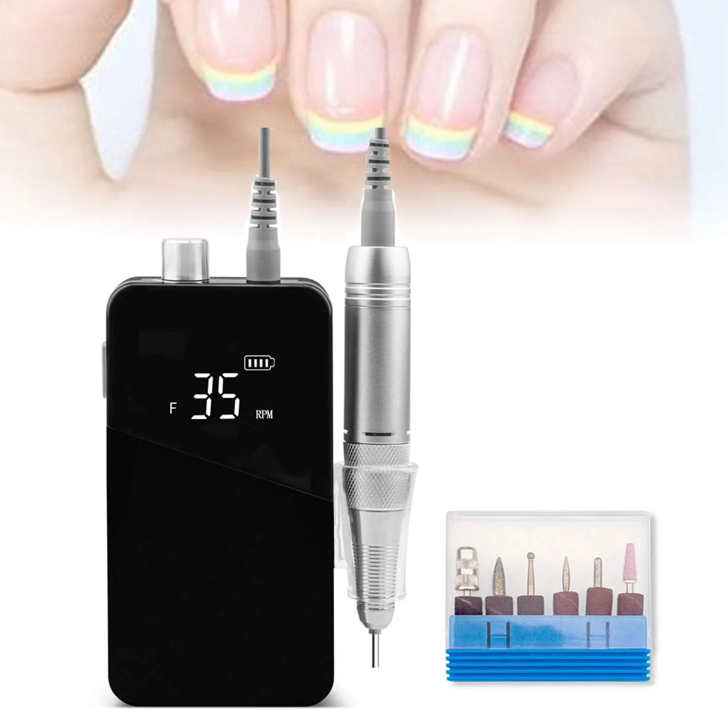 دستگاه سوهان برقی ناخن مناسب کاشت ناخن حرفه ای 35000 دور در دقیقه با نمایشگر LED و 6 عدد سری سوهان، دستگاه پولیش مانیکور پدیکور قابل شارژ با لرزش کم، مشکی