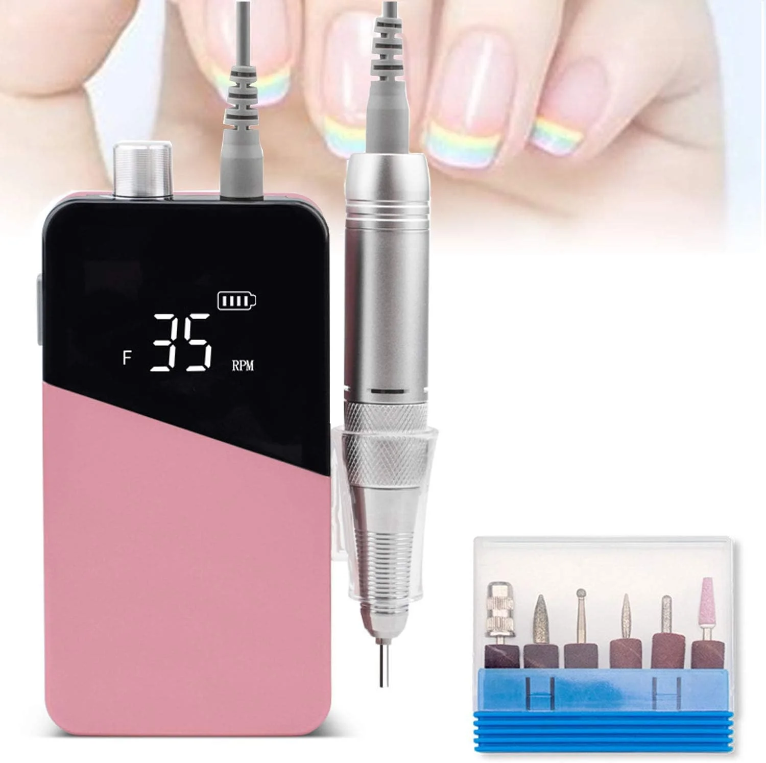 دستگاه سوهان برقی ناخن حرفه ای 35000 دور در دقیقه با نمایشگر LED و 6 عدد سری سوهان، دستگاه پولیش مانیکور پدیکور قابل شارژ با لرزش کم، صورتی دستگاه سوهان برقی ناخن حرفه ای 35000 دور در دقیقه با نمایشگر LED و 6 عدد سری سوهان، دستگاه پولیش مانیکور پدیکور قابل شارژ با لرزش کم، صورتی