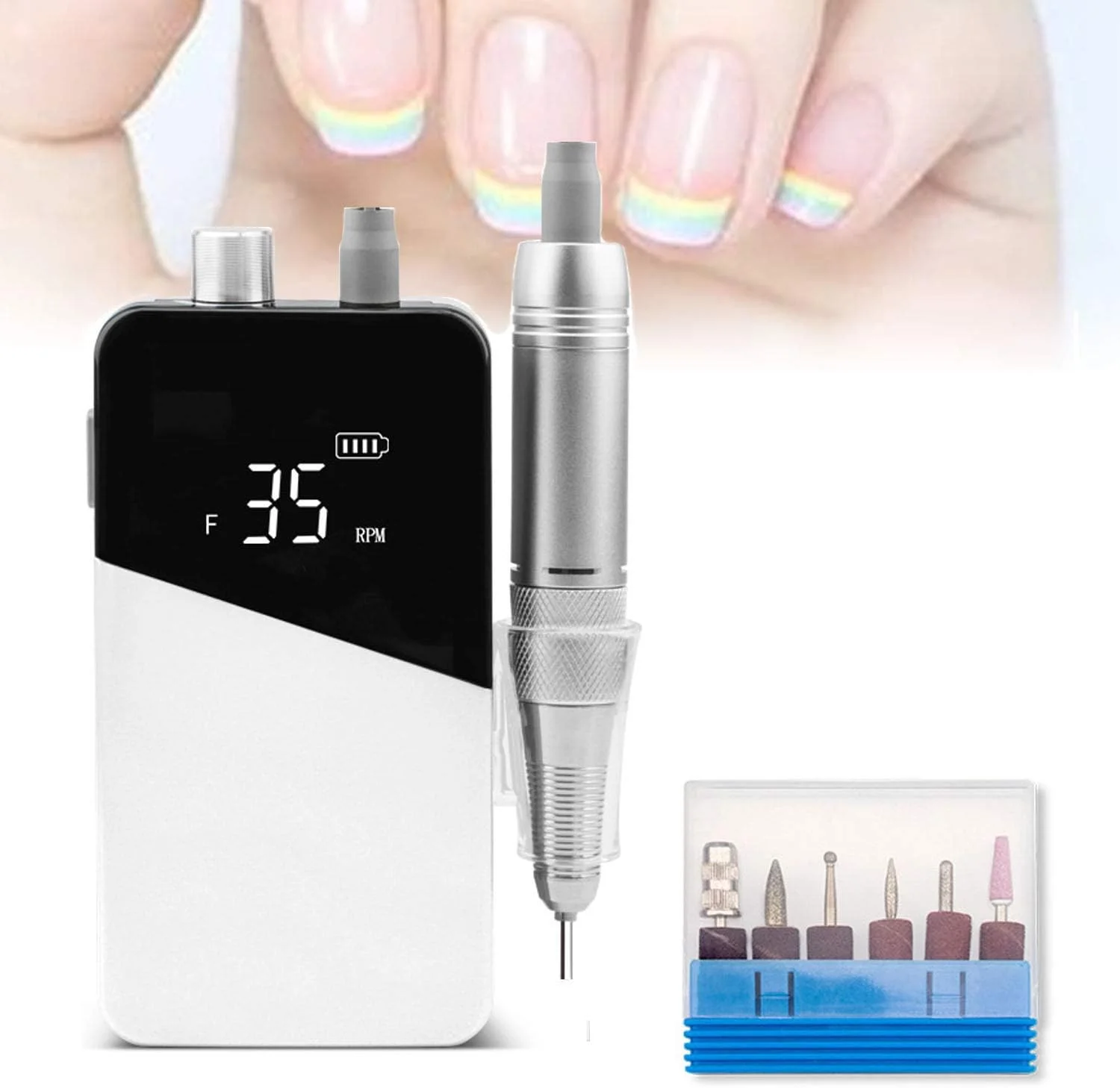 دستگاه سوهان برقی ناخن حرفه ای 35000 دور در دقیقه با نمایشگر LED و 6 عدد سری سوهان، دستگاه پولیش مانیکور پدیکور قابل شارژ با لرزش کم، سفید دستگاه سوهان برقی ناخن حرفه ای 35000 دور در دقیقه با نمایشگر LED و 6 عدد سری سوهان، دستگاه پولیش مانیکور پدیکور قابل شارژ با لرزش کم، سفید