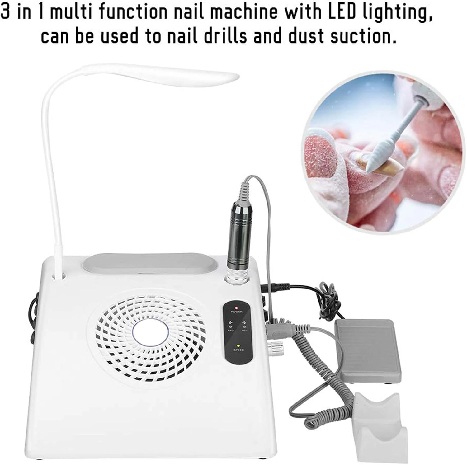 دستگاه چندکاره ناخن FBITE مدل 3 در 1 - دریل برقی ناخن 30000 دور در دقیقه، جمع کننده گرد و غبار، چراغ LED رومیزی، تجهیزات چند منظوره ناخن با 3 کیسه گرد و غبار برای کاشت ناخن اکریلیک، پلی ژل، سالن و منزل