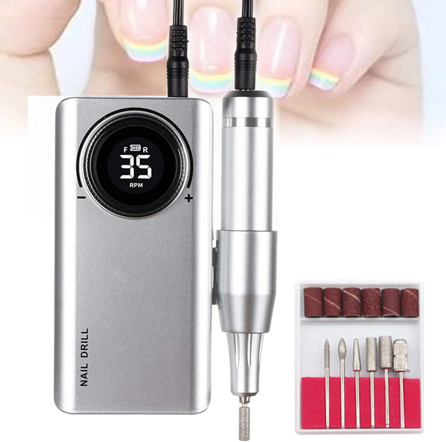 قلم دریل برقی سوهان ناخن، 35000 دور در دقیقه، پولیشر حرفه ای و قابل حمل هنر ناخن، ابزار سوهان دریل، 2600 میلی آمپر ساعت قابل شارژ، برای سالن خانگی، استودیو ناخن، نقره ای