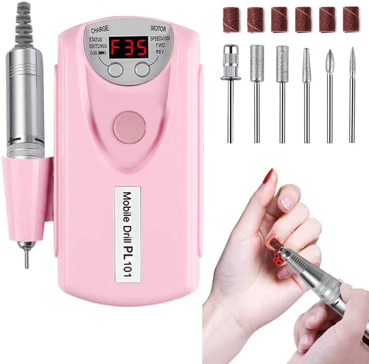 دستگاه سوهان برقی ناخن، سوهان ناخن شارژی حرفه ای 35000 دور در دقیقه، ابزار سنگ زنی قابل حمل ژل اکریلیک با 6 سر سوهان و نوارهای سنباده، ابزار شکل دهی و پولیش مانیکور پدیکور صورتی