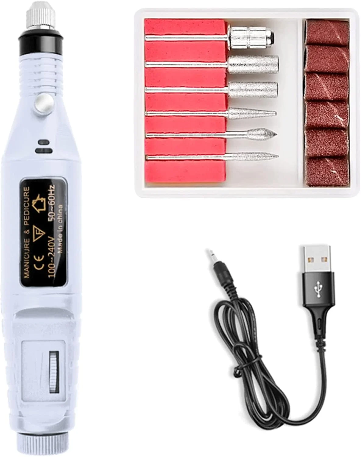 دستگاه سوهان برقی ناخن، سوهان ناخن حرفه ای، قلم مانیکور USB، پولیشر سنباده ای 6 در 1، ست مانیکور برای لایه برداری، سوهان کشی، پولیش، برداشتن ناخن، ابزار ناخن اکریلیک، سفید