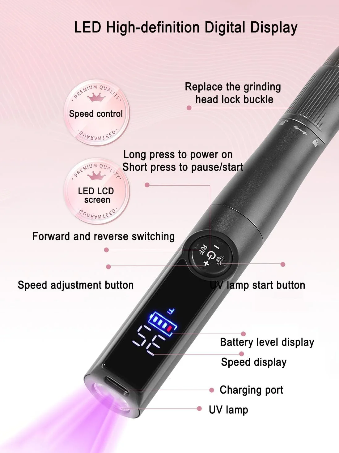 دستگاه سوهان برقی ناخن 35000 دور در دقیقه با صفحه نمایش LCD، حرفه ای، قابل حمل، بی سیم، همراه با لامپ UV LED برای از بین بردن لاک ژل و مانیکور، به همراه کیت 7 سر سوهان دستگاه سوهان برقی ناخن 35000 دور در دقیقه با صفحه نمایش LCD، حرفه ای، قابل حمل، بی سیم، همراه با لامپ UV LED برای از بین بردن لاک ژل و مانیکور، به همراه کیت 7 سر سوهان