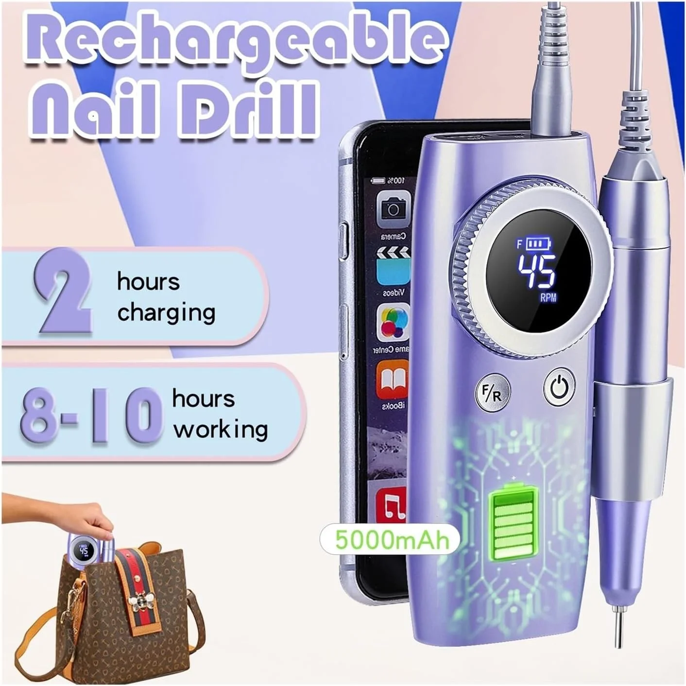 دستگاه سوهان برقی ناخن حرفه ای 45000 دور در دقیقه، مناسب مانیکور با صفحه نمایش LCD، سنباده ناخن، دستگاه تراش ناخن شارژی، سوهان برقی بی سیم دستگاه سوهان برقی ناخن حرفه ای 45000 دور در دقیقه، مناسب مانیکور با صفحه نمایش LCD، سنباده ناخن، دستگاه تراش ناخن شارژی، سوهان برقی بی سیم