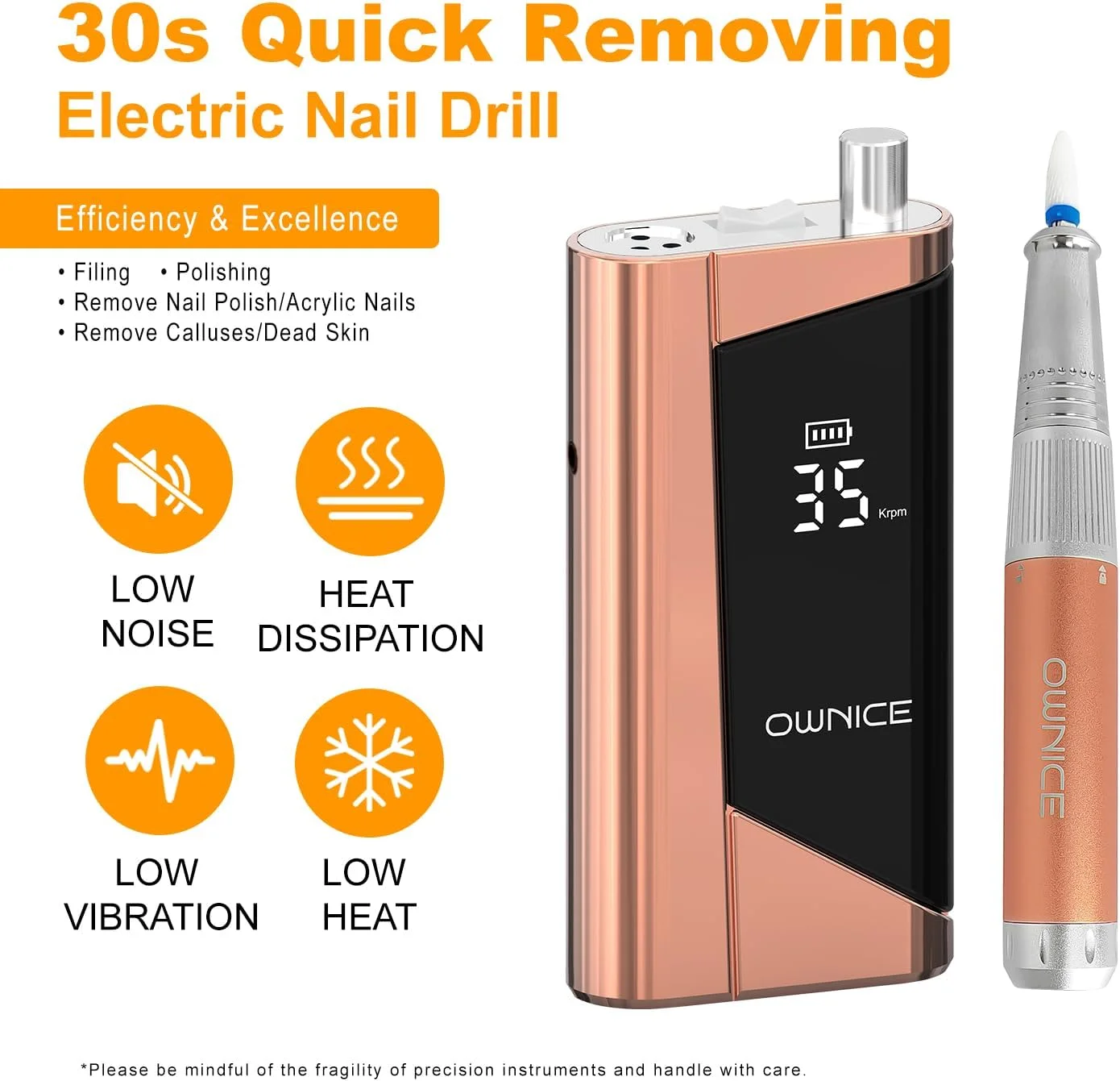 دستگاه سوهان برقی ناخن حرفه ای 35000 دور در دقیقه، بی سیم، قابل حمل، ابزار بافر سوهان برقی با سری های مختلف، مناسب برای مانیکور، پدیکور، ناخن های اکریلیک، ژل و طبیعی (رزگلد)