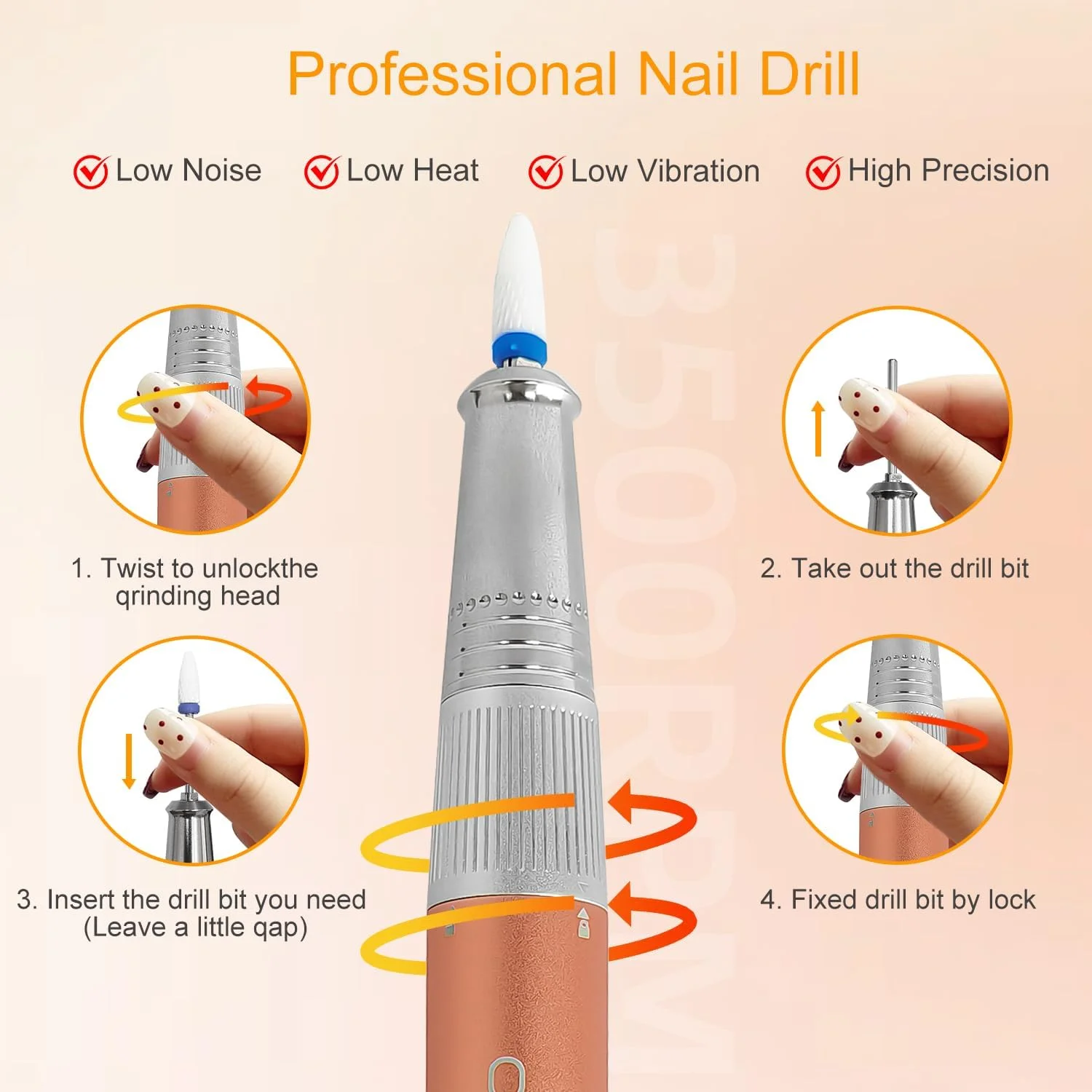 دستگاه سوهان برقی ناخن حرفه ای 35000 دور در دقیقه، بی سیم، قابل حمل، ابزار بافر سوهان برقی با سری های مختلف، مناسب برای مانیکور، پدیکور، ناخن های اکریلیک، ژل و طبیعی (رزگلد)