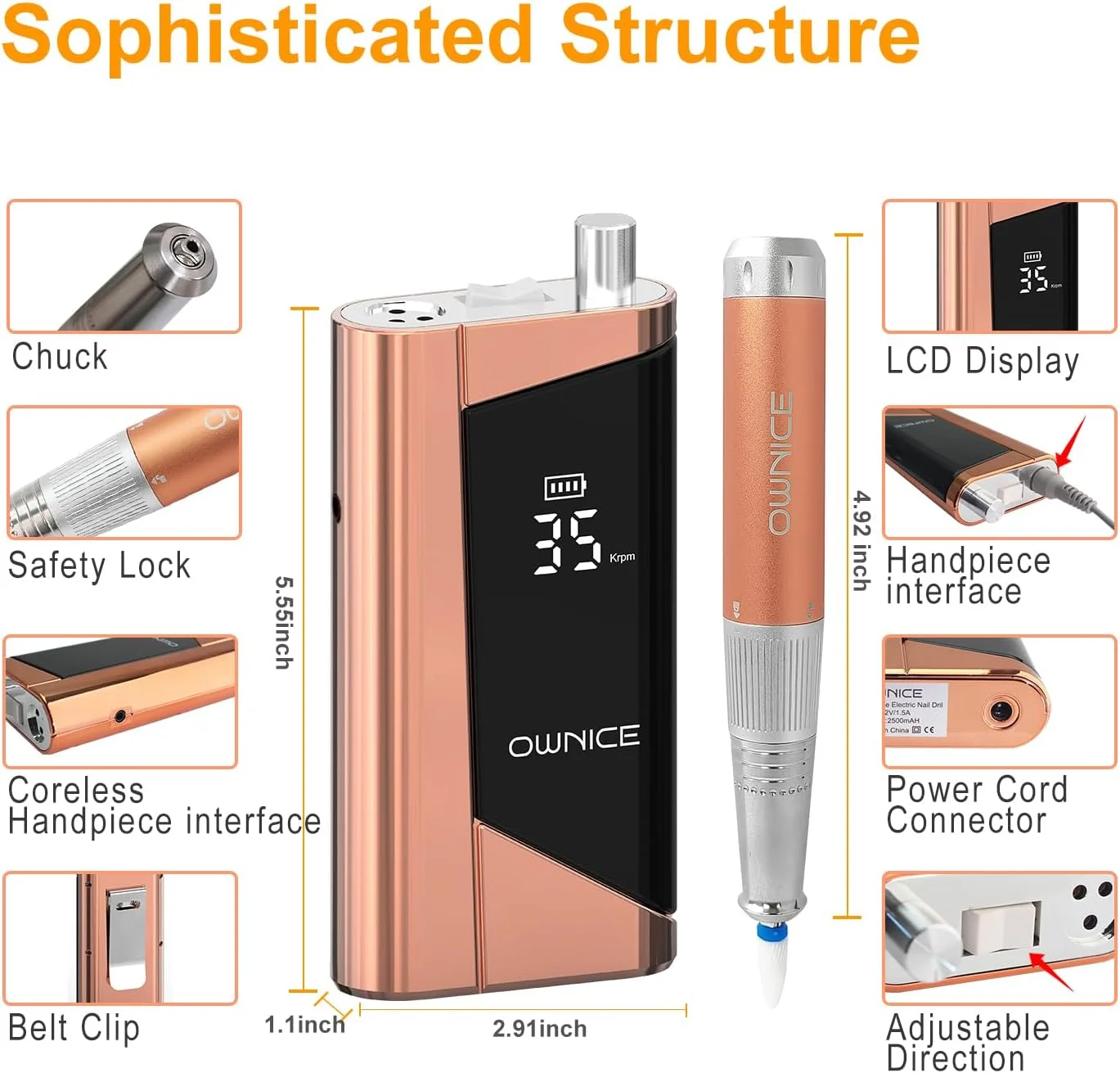 دستگاه سوهان برقی ناخن حرفه ای 35000 دور در دقیقه، بی سیم، قابل حمل، ابزار بافر سوهان برقی با سری های مختلف، مناسب برای مانیکور، پدیکور، ناخن های اکریلیک، ژل و طبیعی (رزگلد)