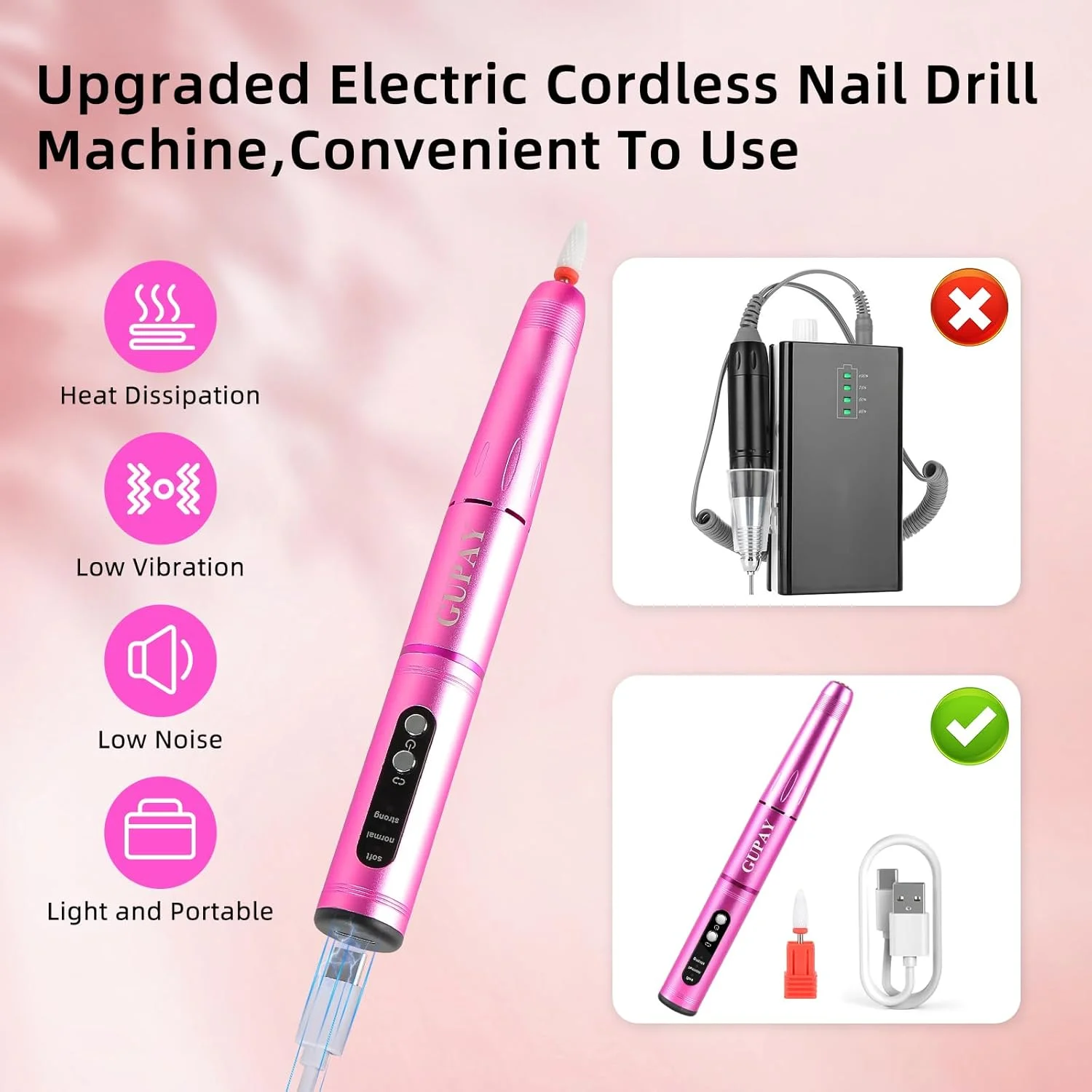 دستگاه سوهان برقی ناخن GUPAY، دستگاه مانیکور و پدیکور شارژی بی سیم برای ناخن های ژلی، اکریلیک و طبیعی، مناسب برای استفاده حرفه ای و خانگی دستگاه سوهان برقی ناخن GUPAY، دستگاه مانیکور و پدیکور شارژی بی سیم برای ناخن های ژلی، اکریلیک و طبیعی، مناسب برای استفاده حرفه ای و خانگی