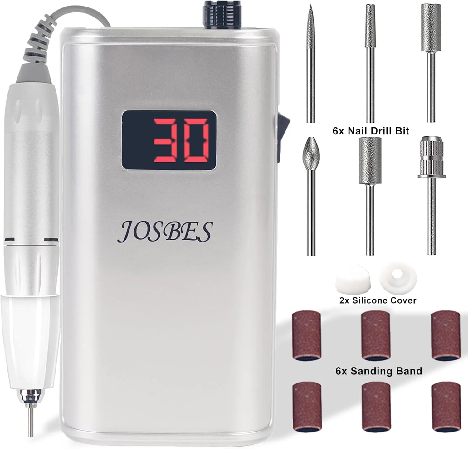 دستگاه سوهان برقی ناخن حرفه ای قابل شارژ JOSBES با سرعت 30000 دور در دقیقه، دستگاه سوهان برقی قابل حمل، مناسب برای ناخن های اکریلیک، کاشت ناخن، ژل و ابزارهای پولیش (نقره ای) دستگاه سوهان برقی ناخن حرفه ای قابل شارژ JOSBES با سرعت 30000 دور در دقیقه، دستگاه سوهان برقی قابل حمل، مناسب برای ناخن های اکریلیک، کاشت ناخن، ژل و ابزارهای پولیش (نقره ای)