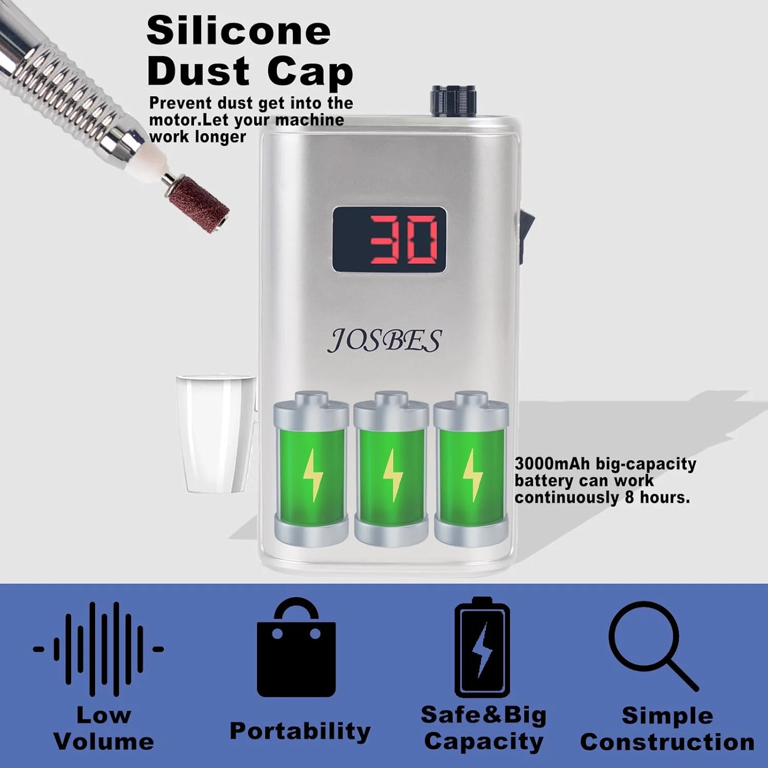 دستگاه سوهان برقی ناخن حرفه ای قابل شارژ JOSBES با سرعت 30000 دور در دقیقه، دستگاه سوهان برقی قابل حمل، مناسب برای ناخن های اکریلیک، کاشت ناخن، ژل و ابزارهای پولیش (نقره ای) دستگاه سوهان برقی ناخن حرفه ای قابل شارژ JOSBES با سرعت 30000 دور در دقیقه، دستگاه سوهان برقی قابل حمل، مناسب برای ناخن های اکریلیک، کاشت ناخن، ژل و ابزارهای پولیش (نقره ای)