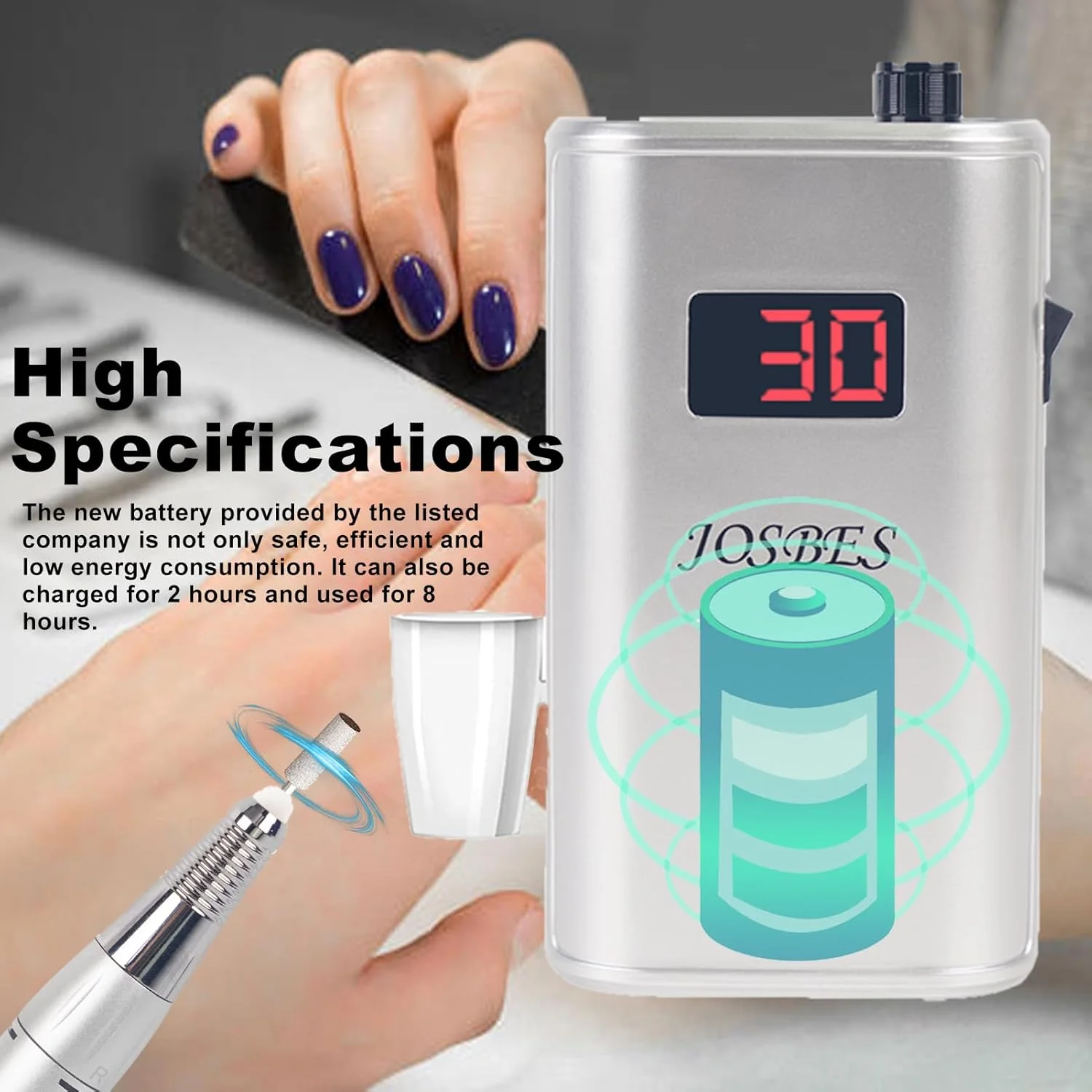 دستگاه سوهان برقی ناخن حرفه ای قابل شارژ JOSBES با سرعت 30000 دور در دقیقه، دستگاه سوهان برقی قابل حمل، مناسب برای ناخن های اکریلیک، کاشت ناخن، ژل و ابزارهای پولیش (نقره ای) دستگاه سوهان برقی ناخن حرفه ای قابل شارژ JOSBES با سرعت 30000 دور در دقیقه، دستگاه سوهان برقی قابل حمل، مناسب برای ناخن های اکریلیک، کاشت ناخن، ژل و ابزارهای پولیش (نقره ای)