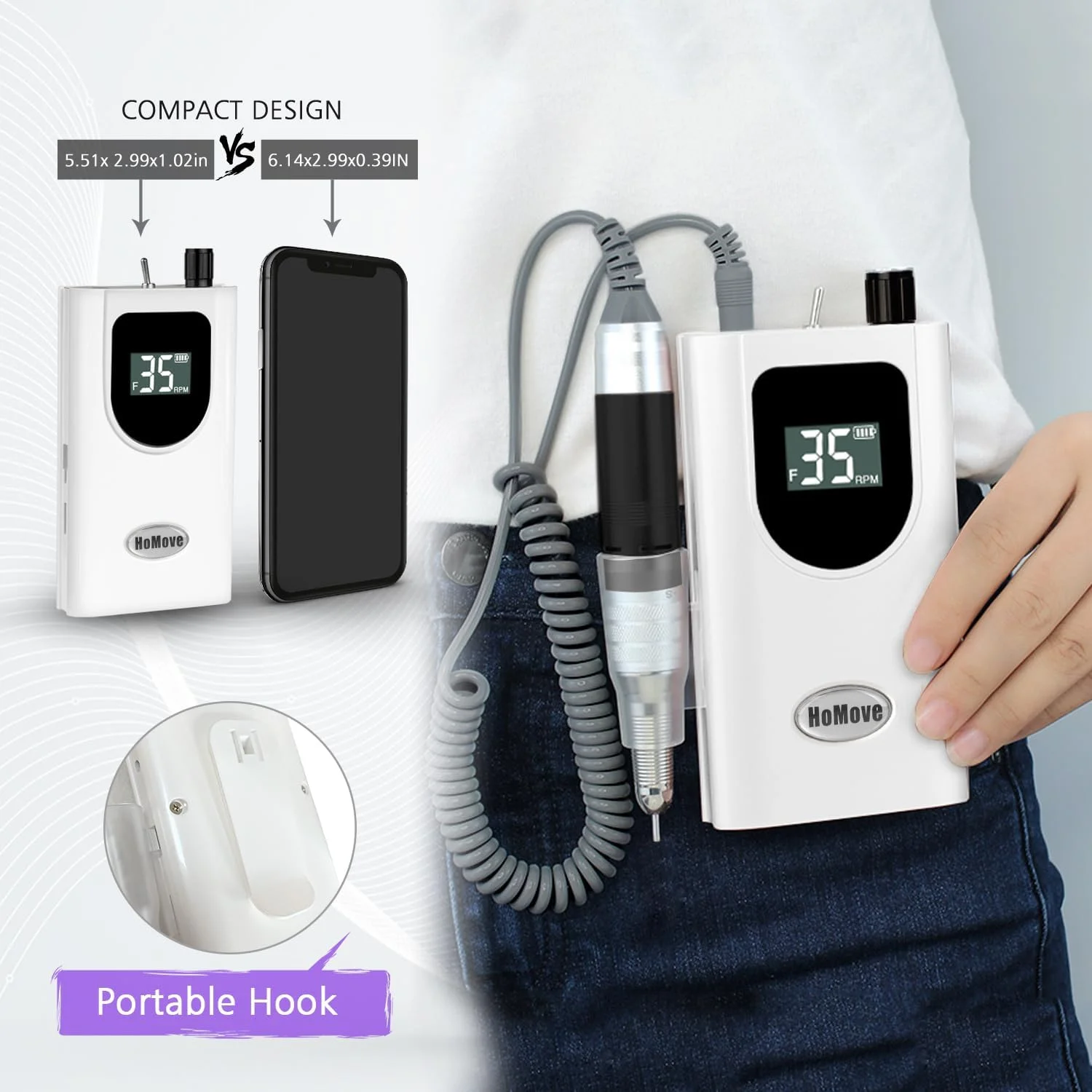 دستگاه سوهان برقی ناخن قابل حمل HoMove با سرعت 35000 دور در دقیقه، سوهان برقی حرفه ای قابل شارژ، سوهان برقی کم حرارت برای ناخن های اکریلیک، کاشت ناخن طبیعی و ژل پلی