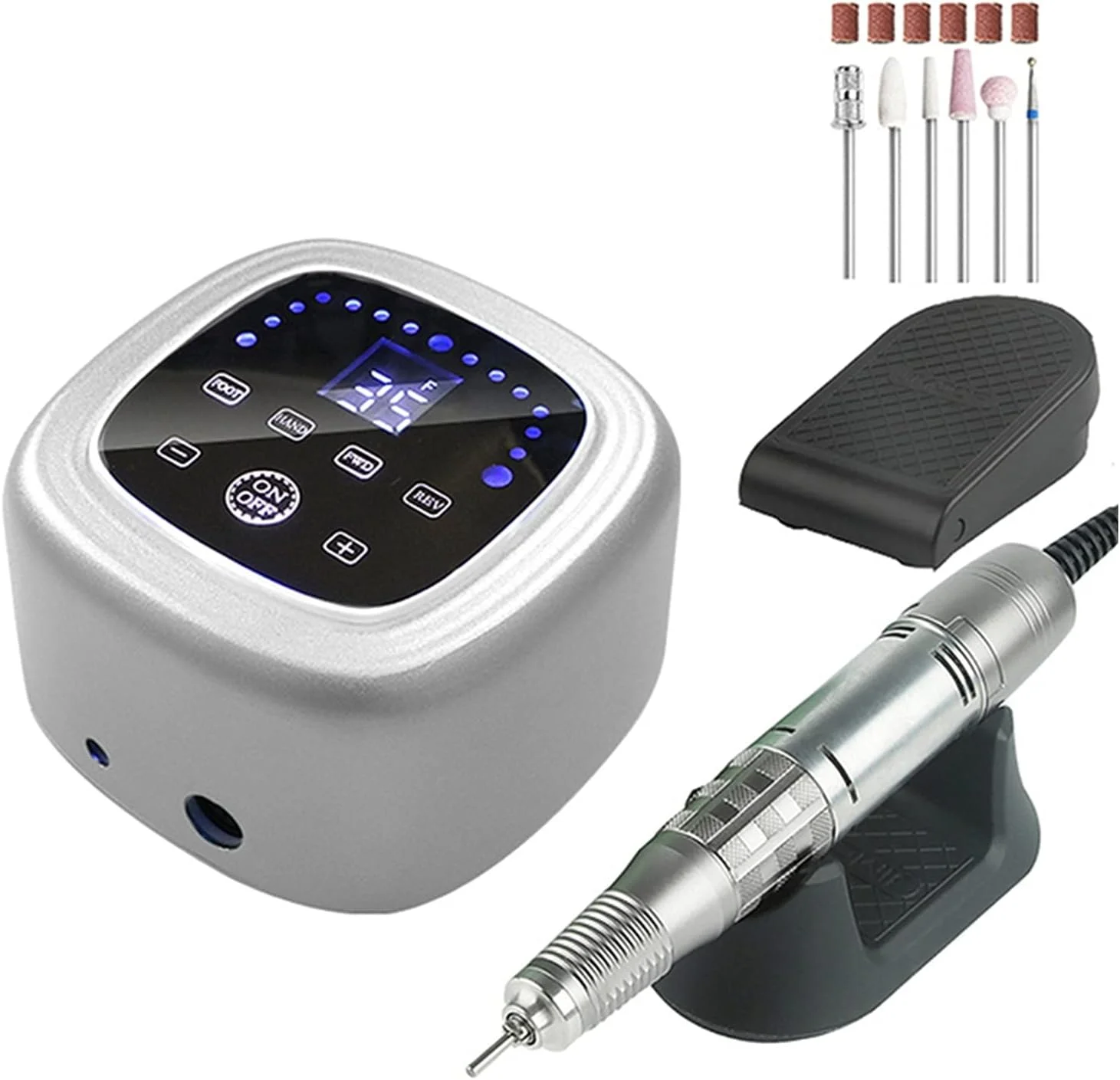 دستگاه سوهان برقی ناخن قابل حمل GZDodek، دستگاه پرداخت ناخن 75 وات 35000 دور در دقیقه، دستگاه مانیکور قدرتمند، دستگاه فرز ناخن با سرعت بالا، سمباده ناخن، ابزار پدیکور ناخن (Jmd403-نقره ای)