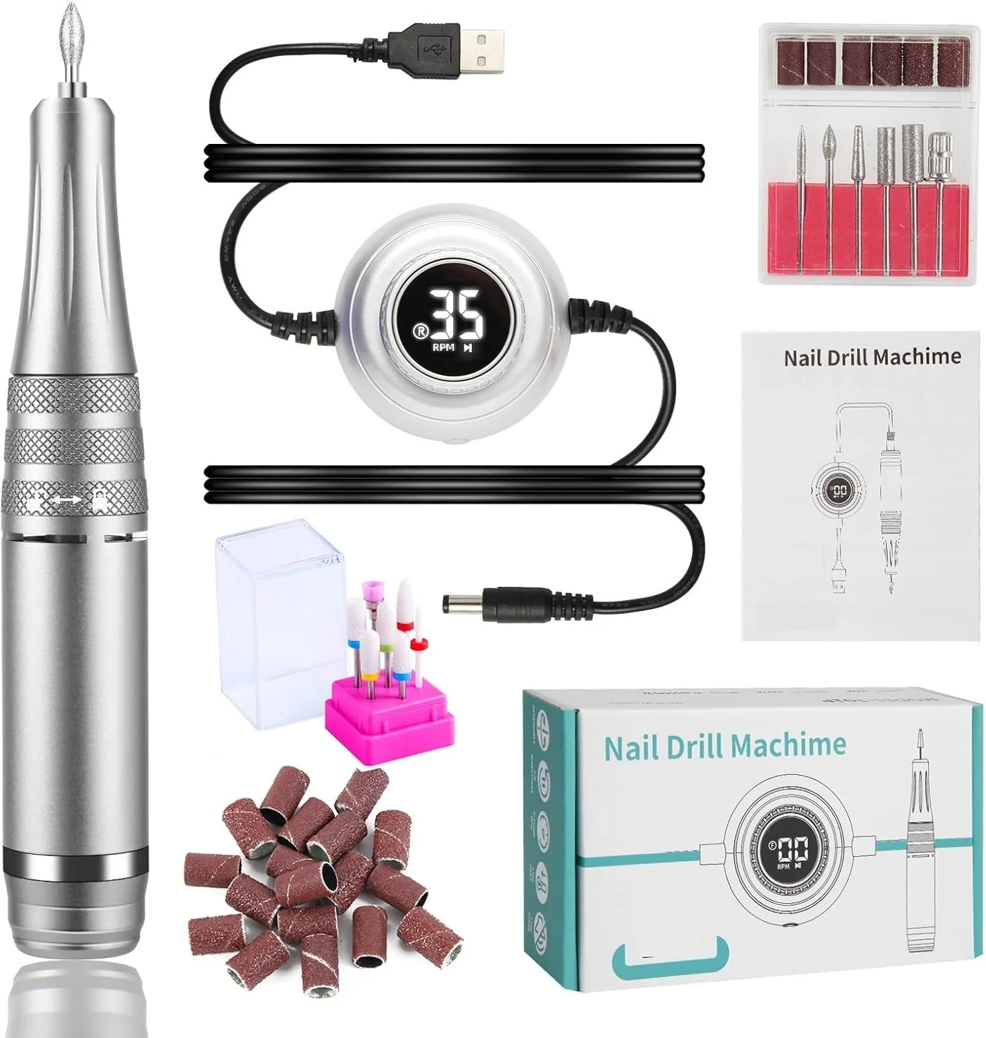 دستگاه سوهان برقی ناخن GaRcan، دستگاه مانیکور 35000 دور در دقیقه، سوهان برقی ناخن قابل حمل، ست کاتر مانیکور برقی ناخن، تجهیزات سالن پولیش ناخن، ابزار حرفه ای ناخن (ست نقره ای A)