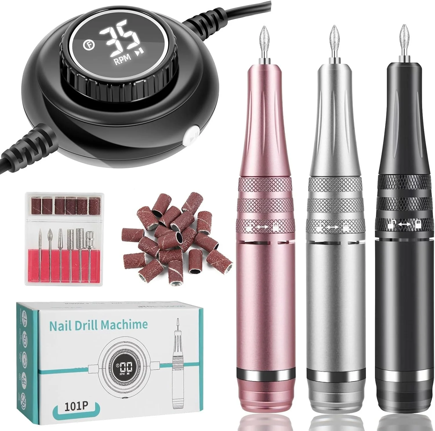 دستگاه سوهان برقی ناخن GaRcan، دستگاه مانیکور 35000 دور در دقیقه، سوهان برقی ناخن قابل حمل، ست کاتر مانیکور برقی ناخن، تجهیزات سالن پولیش ناخن، ابزار حرفه ای ناخن (ست نقره ای A)