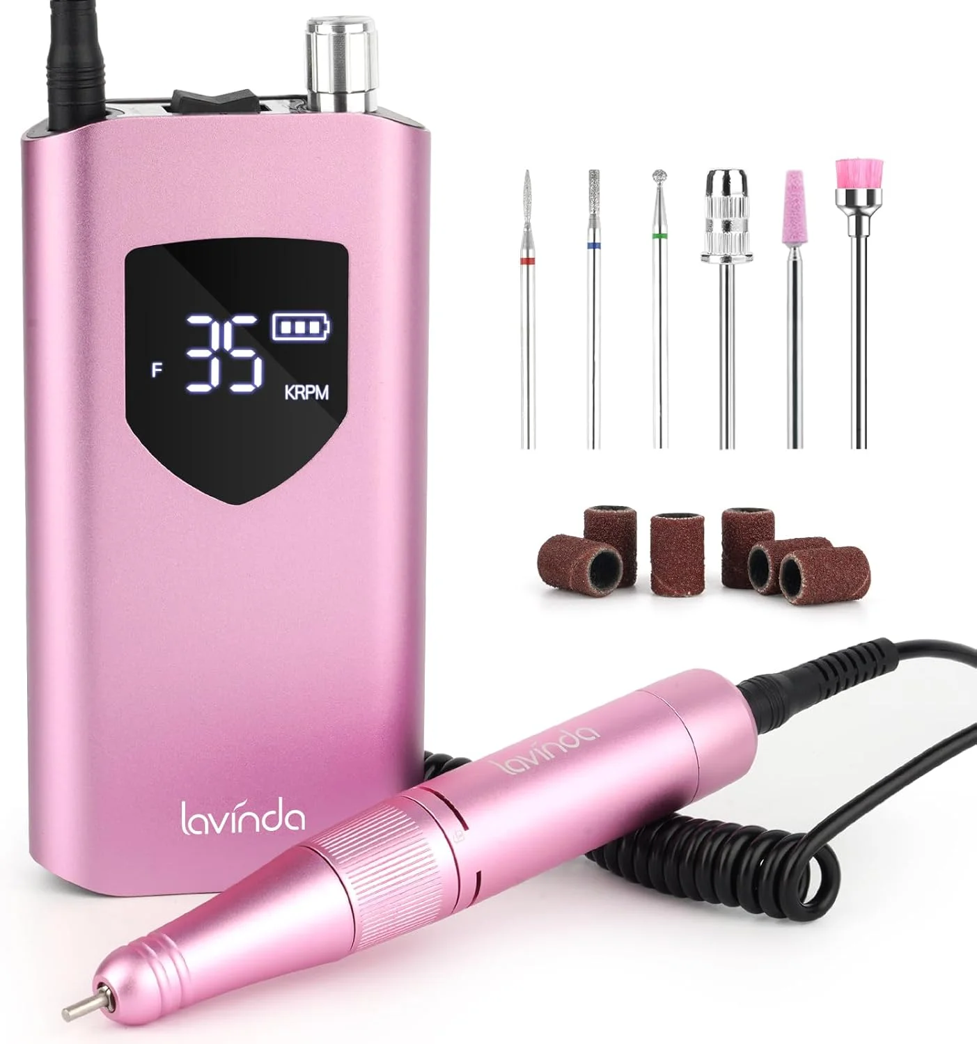 دستگاه سوهان برقی ناخن لاویندا، 35000 دور در دقیقه، سوهان ناخن حرفه ای شارژی بی سیم برای ناخن های ژلی اکریلیک، ابزارهای پولیش و شکل دهی مانیکور پدیکور برای استفاده در سالن و منزل - صورتی
