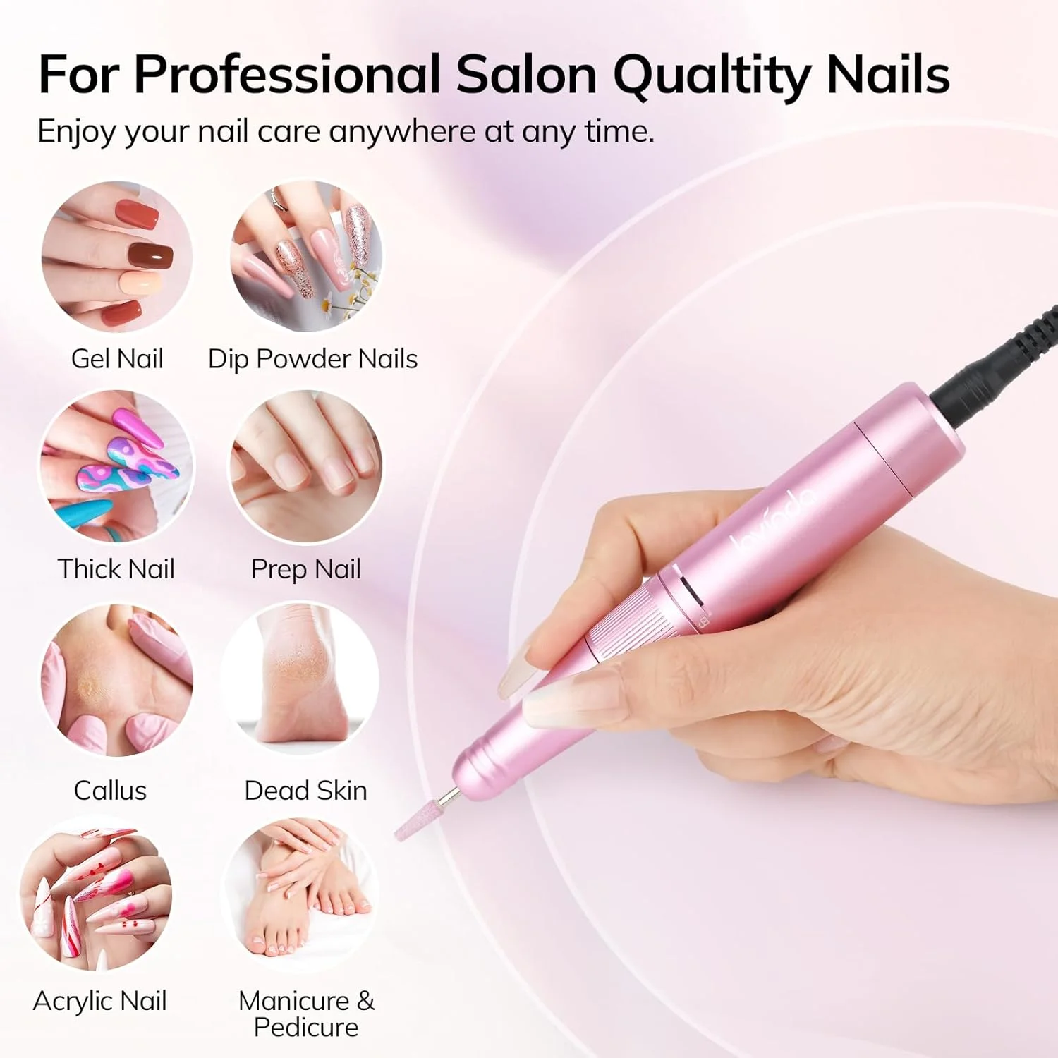 دستگاه سوهان برقی ناخن لاویندا، 35000 دور در دقیقه، سوهان ناخن حرفه ای شارژی بی سیم برای ناخن های ژلی اکریلیک، ابزارهای پولیش و شکل دهی مانیکور پدیکور برای استفاده در سالن و منزل - صورتی