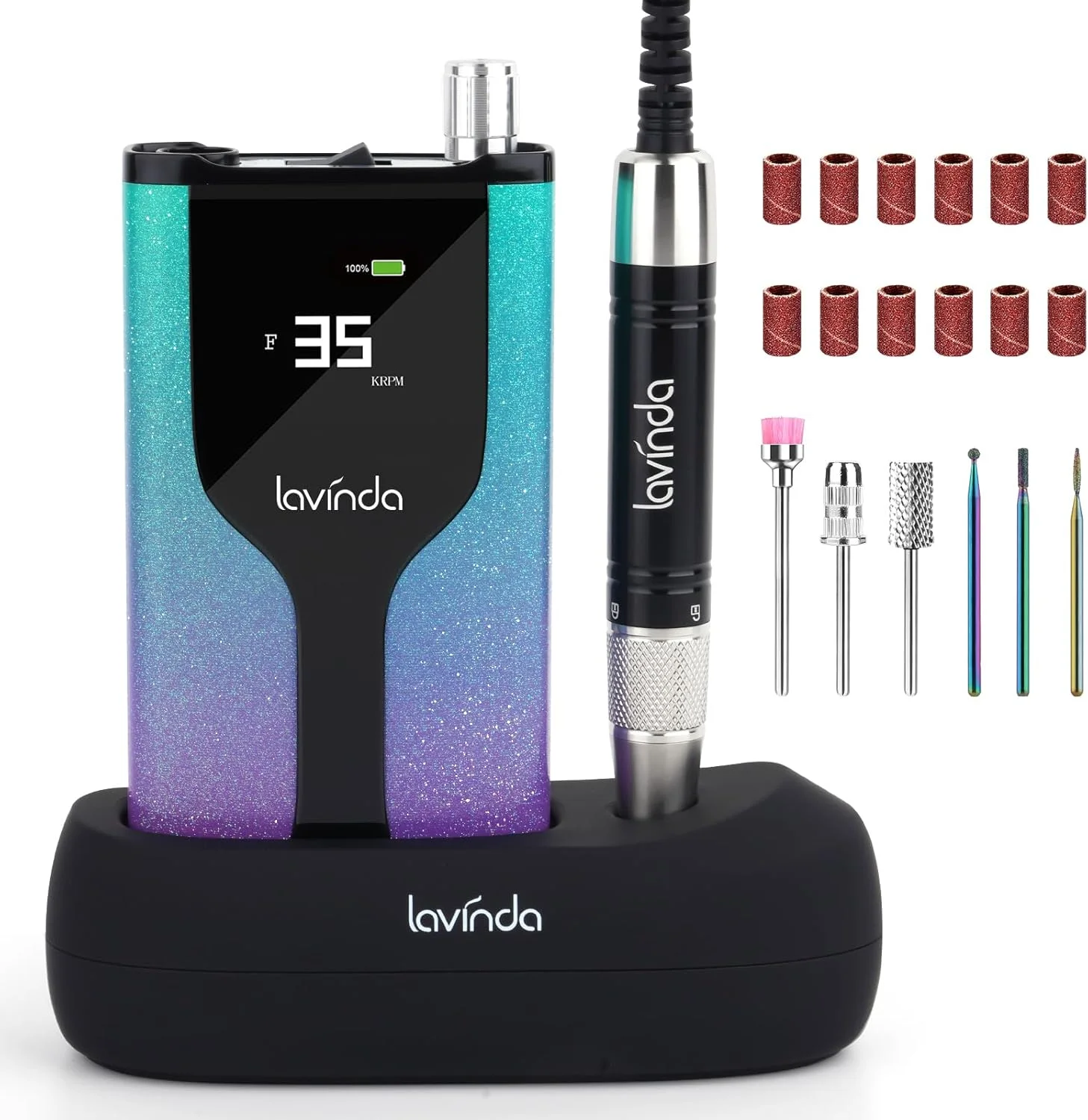 دستگاه سوهان برقی ناخن حرفه ای لاویندا، بی سیم قابل شارژ 35000 دور در دقیقه، سوهان برقی قابل حمل برای ناخن های اکریلیک با پایه شارژ، گرادیان سبز بنفش براق