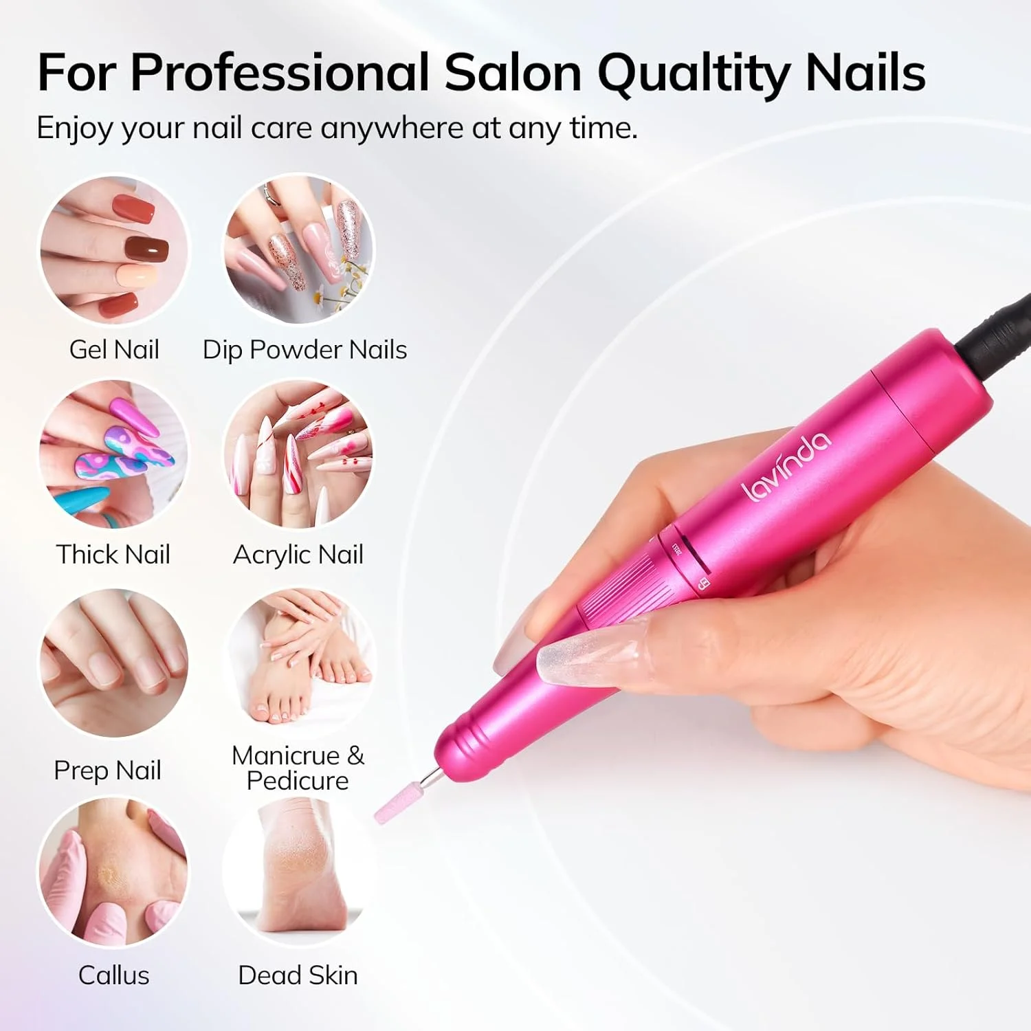 دستگاه سوهان برقی ناخن قابل حمل Lavinda، حرفه ای 35000 دور در دقیقه، قابل شارژ، ماشین سوهان برقی ناخن برای ناخن های اکریلیک، پولیش ژل و ریمو، سوهان ناخن بی سیم برای استفاده در سالن و منزل (Viva Magenta)